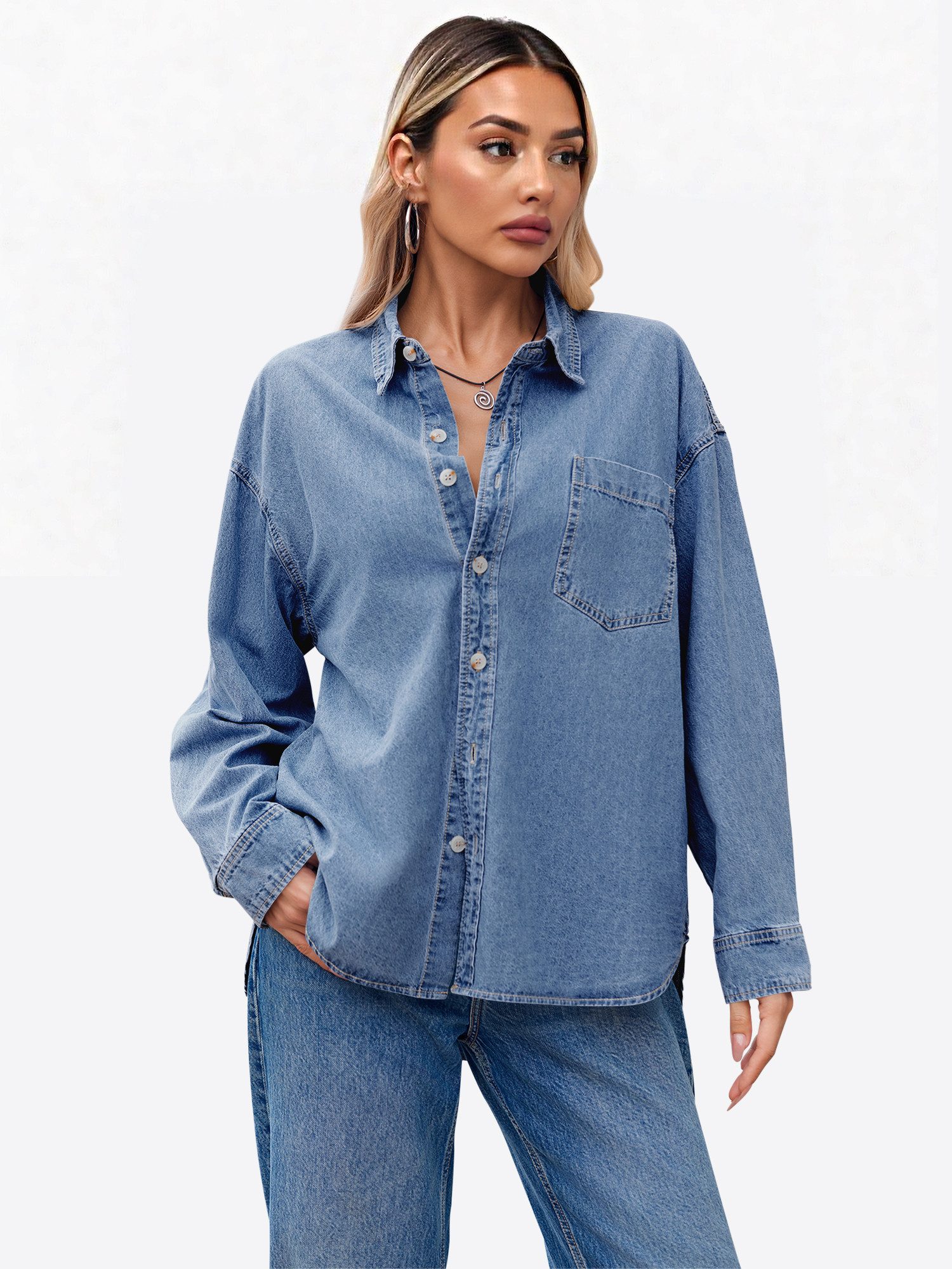 Imily Bela Jeansbluse Damen Lässig Boyfriend Jeansjacke Denim Oberteil (Packung, 1-tlg., 1per-Pack) aus Baumwolle in Unifarbe – Bild 4 von 5