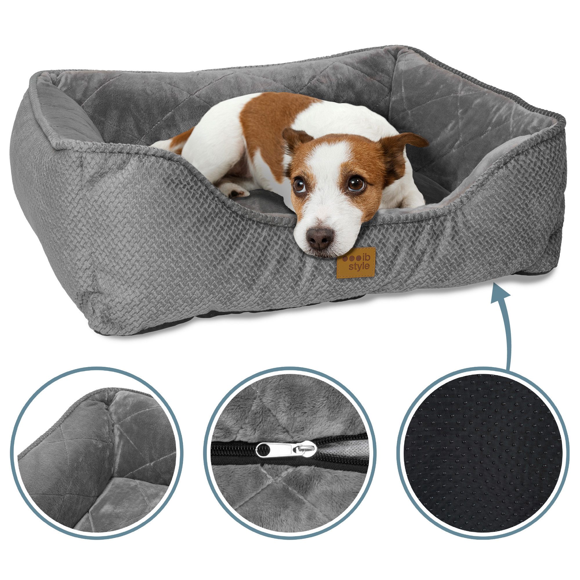 ib style Tierkissen Happy Milo S 61x49cm Grau, Körbchen - mit Reißverschluss - Anti-Rutsch Unterseite
