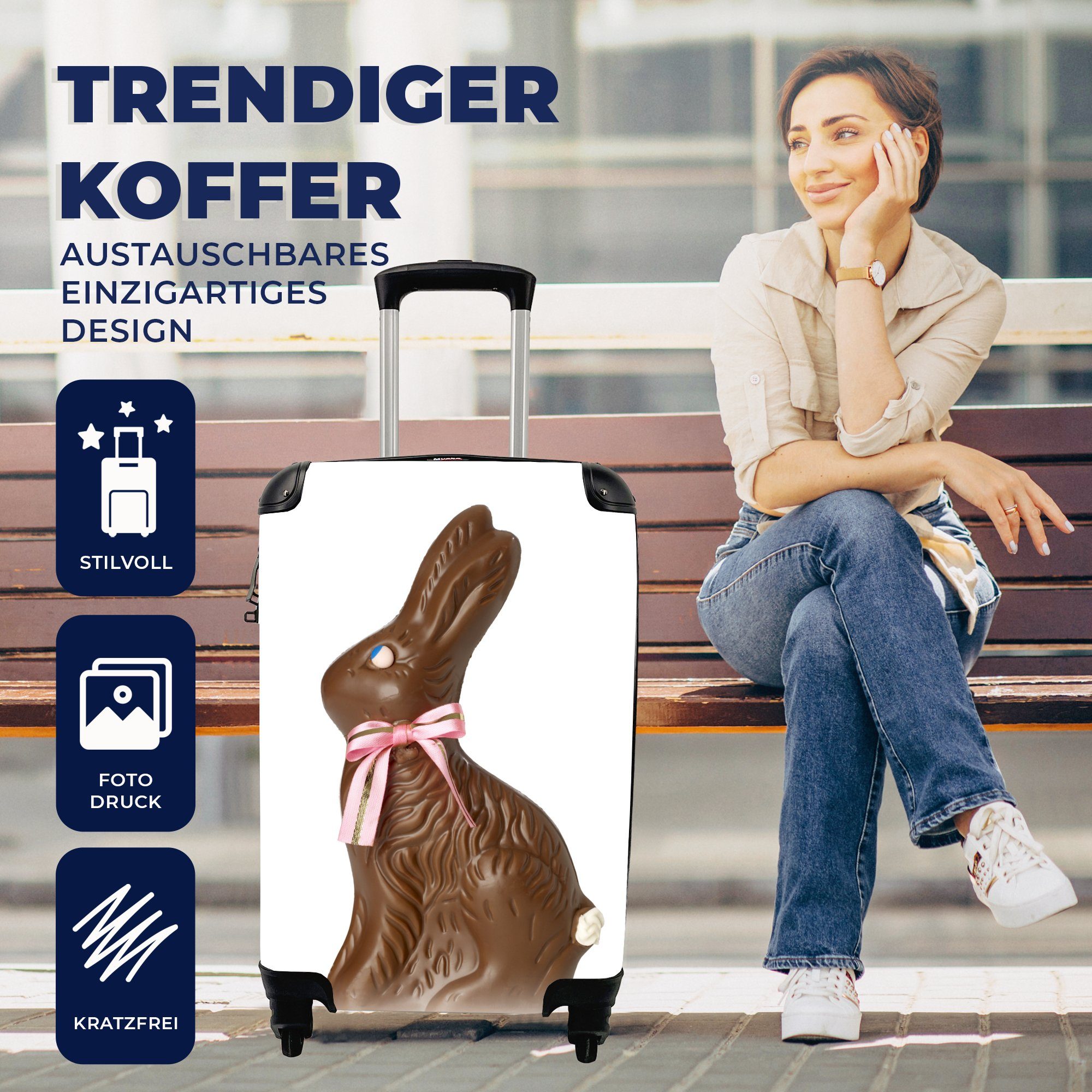 Trolley, Ferien, Handgepäckkoffer MuchoWow für mit mit Handgepäck Schleife, Reisetasche Reisekoffer rollen, Rollen, Schokoladenosterhase 4