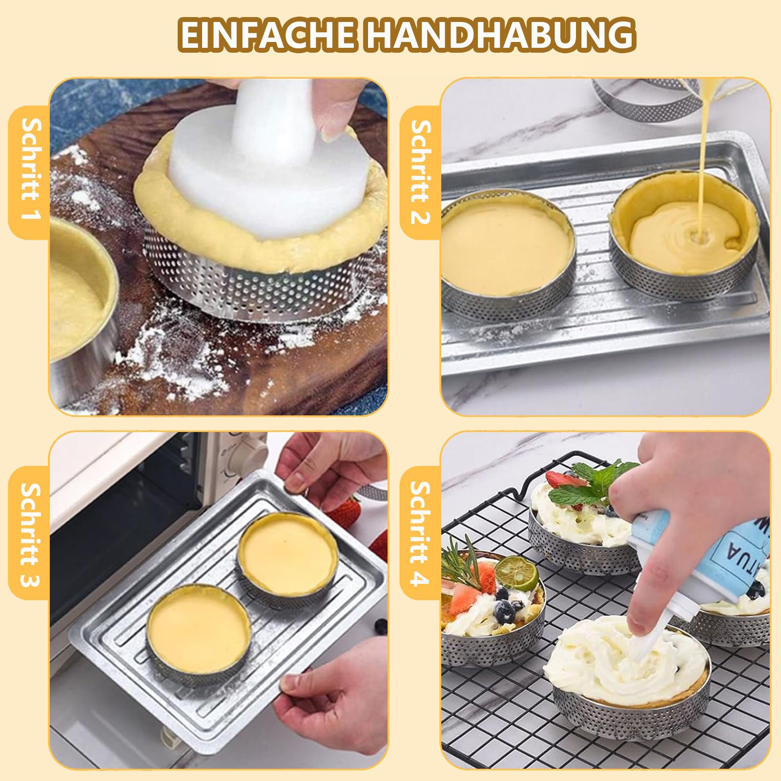 FOUORTUNATE-BEE Tarteform 12 Stück Edelstahl Tartelette-Rahmen mit Löchern, (Perfekte Tarte- und Quicheformen, Ø 6 cm 12-tlg), gleichmäßige Wärmeverteilung, ros – Bild 4 von 5