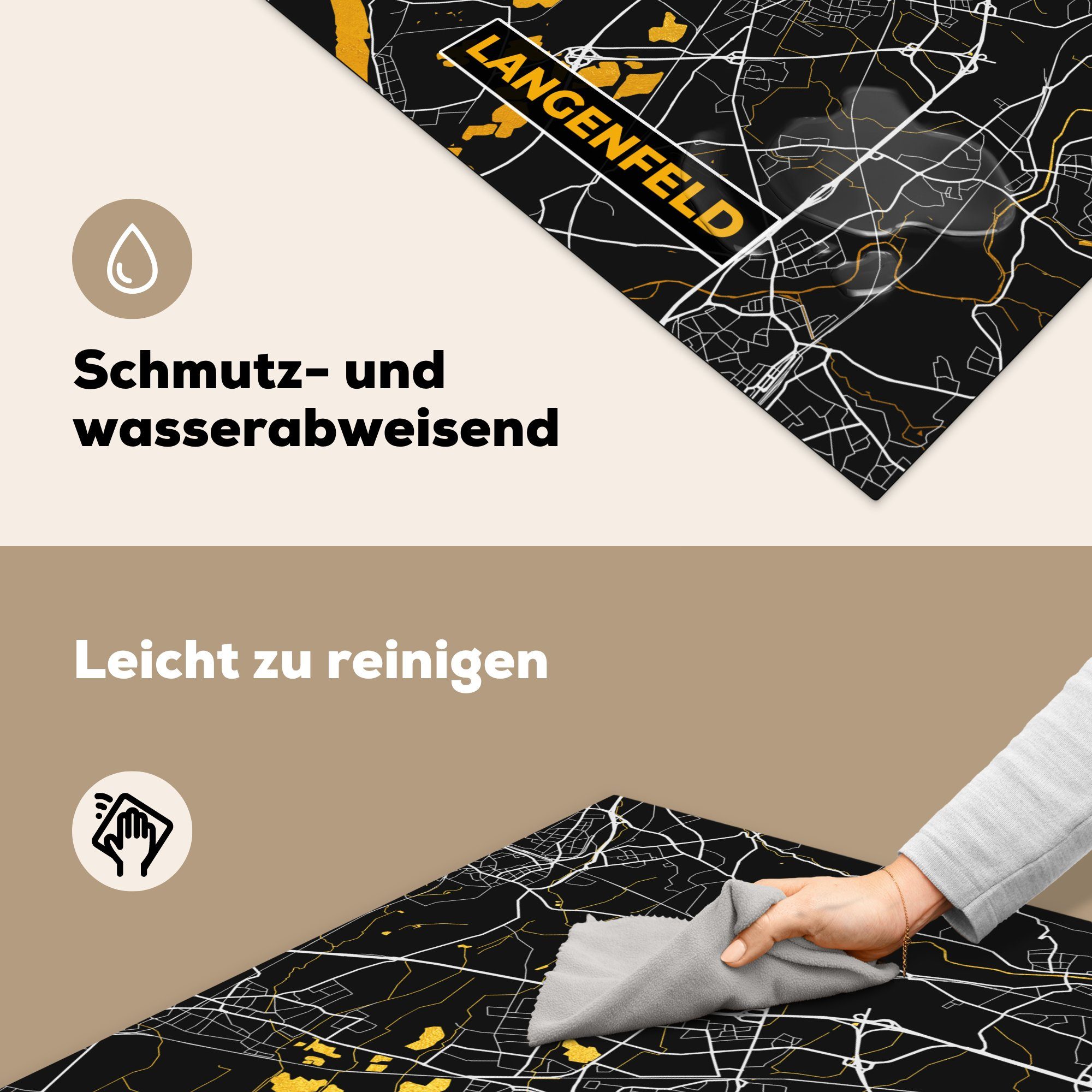MuchoWow Herdblende-/Abdeckplatte Karte - - - - 78x78 für Langenfeld küche tlg), Deutschland, Arbeitsplatte Ceranfeldabdeckung, cm, (1 Vinyl, Gold Stadtplan