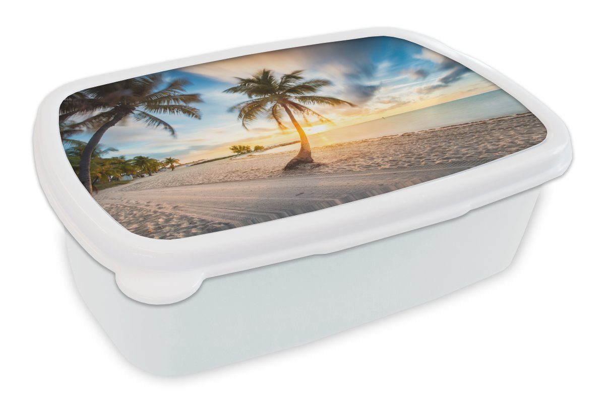 MuchoWow Lunchbox Sonnenuntergang - Strand - Palme, Kunststoff, (2-tlg), Brotbox für Kinder und Erwachsene, Brotdose, für Jungs und Mädchen weiß | Lunchboxen