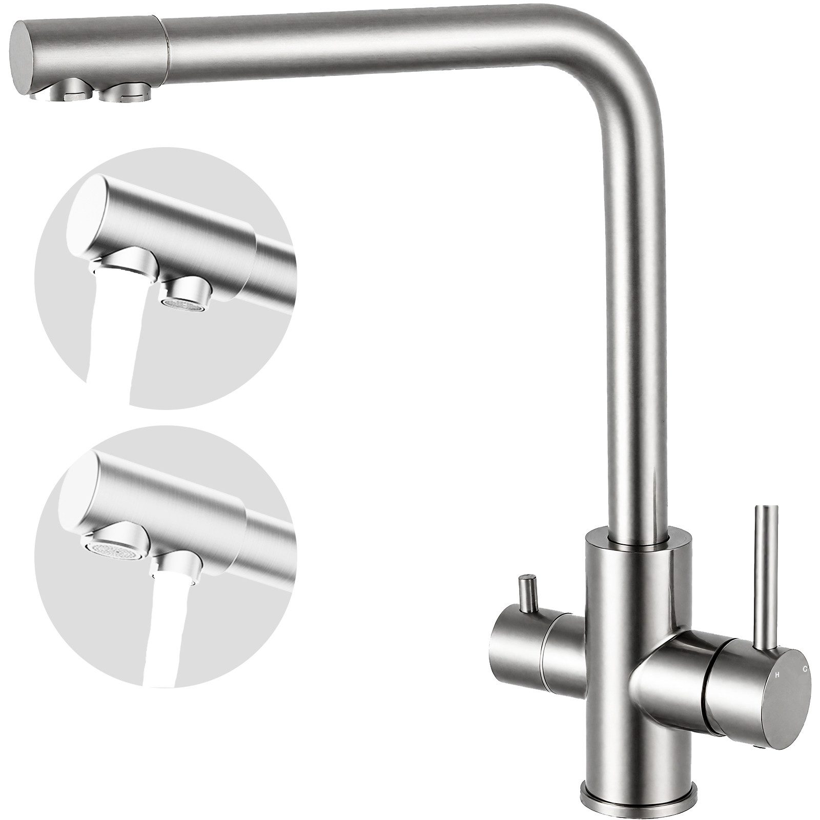 AICA Küchenarmatur Wasserhahn Küche für Trinkwasser, 3-Wege-Armatur mit 2 Griffen Kalt- und Warmwasser-Armatur mit 360° schwenkbarem Auslauf, Edelstahl