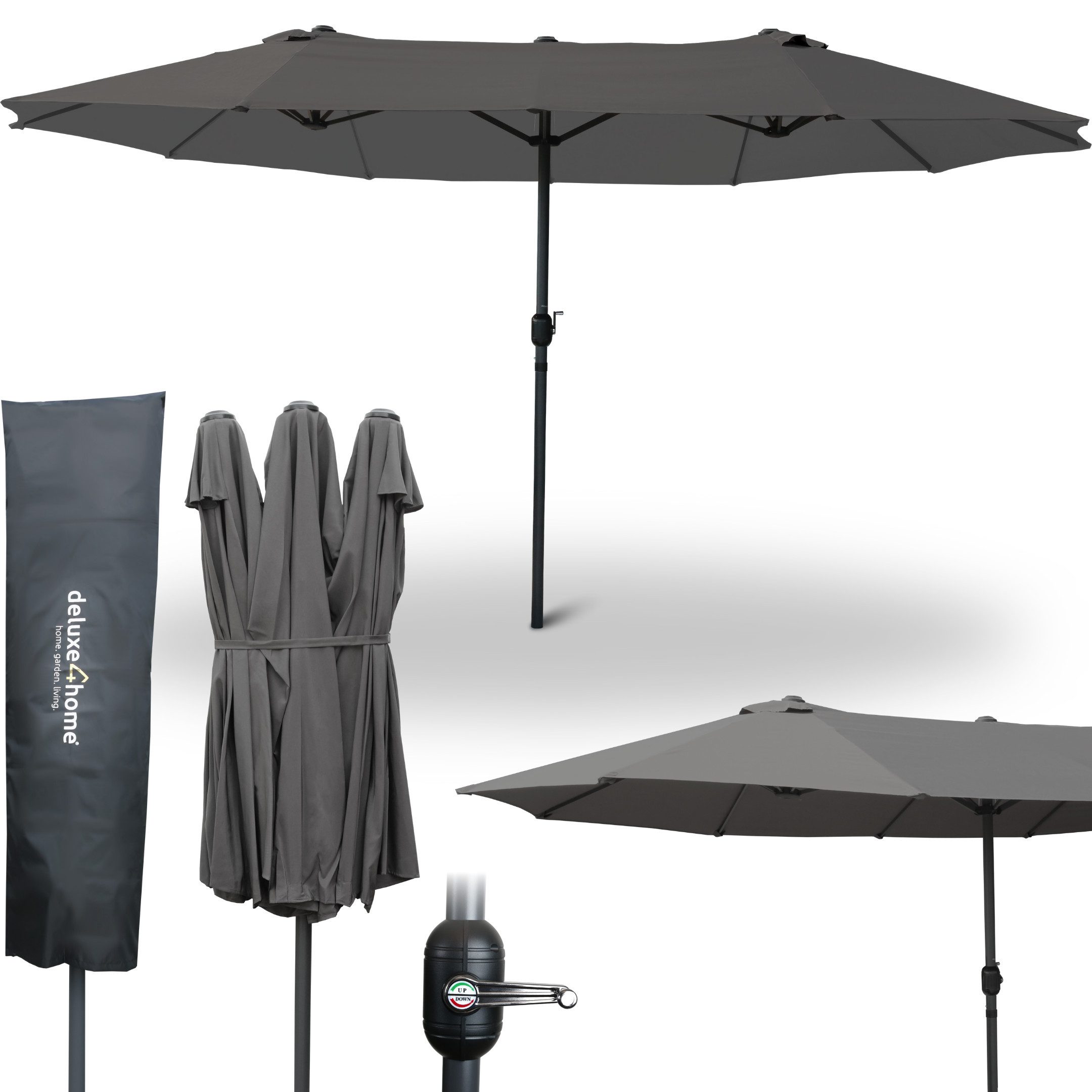 deluxe4home Sonnenschirm XXL Doppelsonnenschirm I Terrassenschirm Extra Groß, LxB: 450x260 cm, Mit Handkurbel & Dachbelüftung
