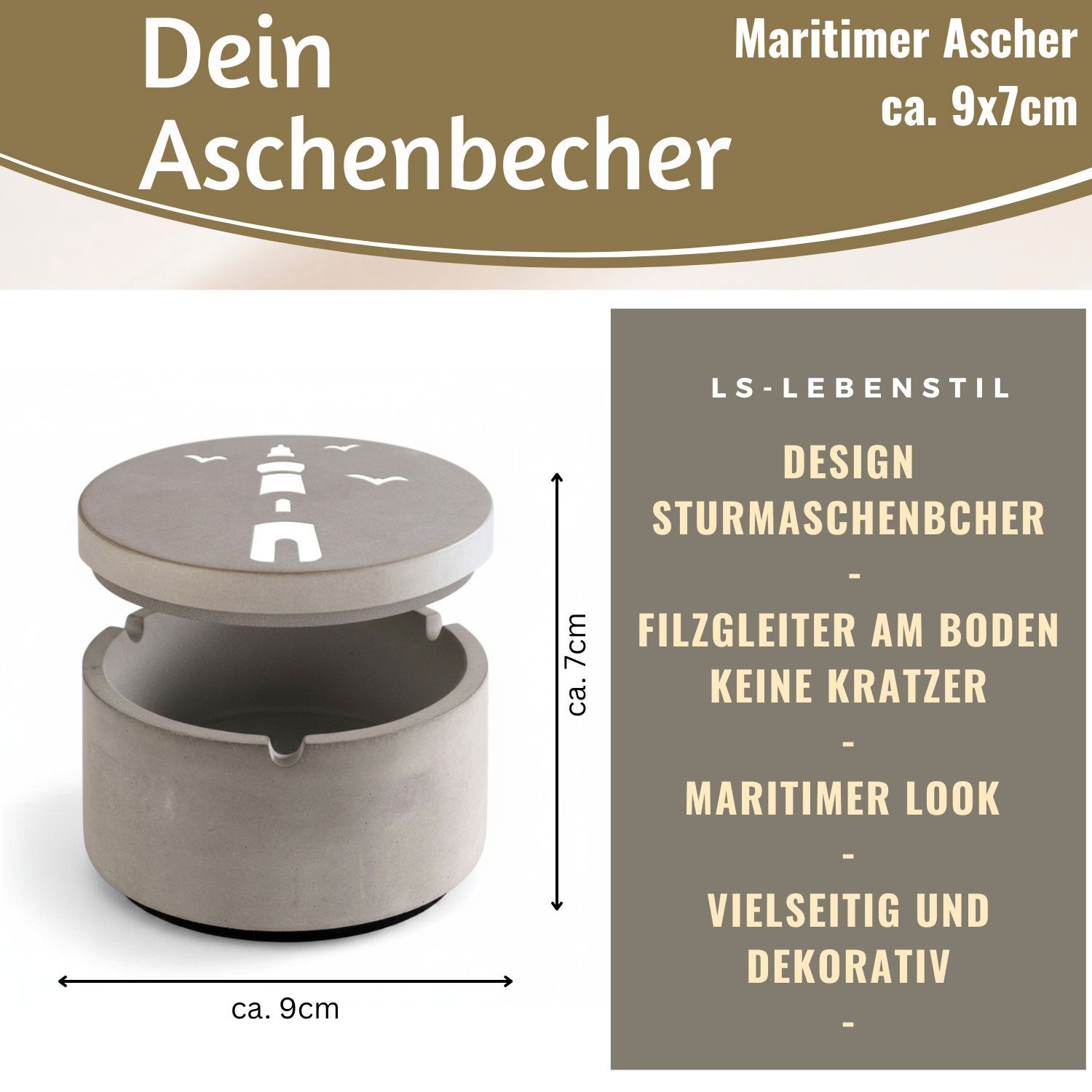LS-LebenStil Aschenbecher Beton Sturmaschenbecher Motib Leuchtturm 9x7cm Maritim Grau mit Deckel, Windaschenbecher Ashtray Tischaschenbecher Garten Balkon Deko