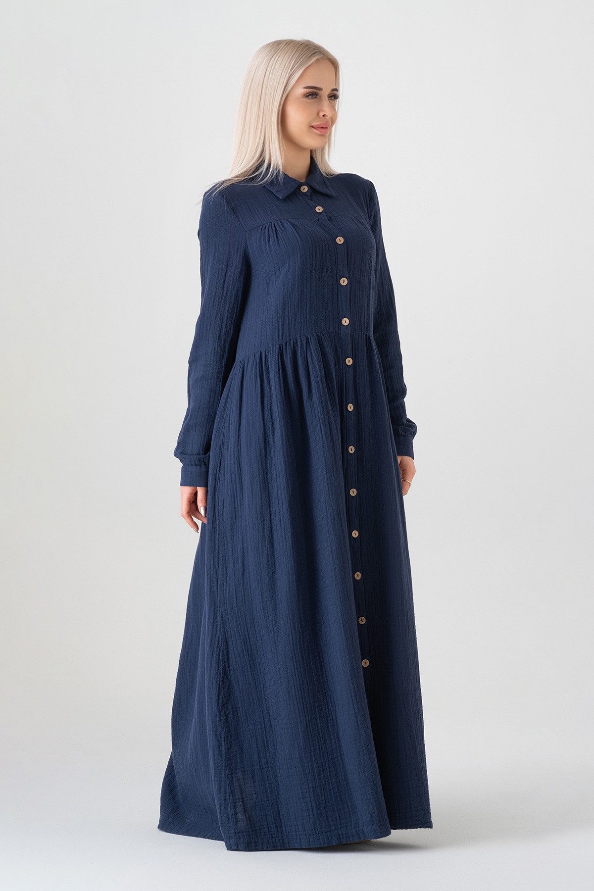 WENOR Sommerkleid Musselin Maxikleid 100% Baumwolle, mit Knopfleiste, 145 cm Modest hoher Tragekomfort, blickdicht, figurumspielend