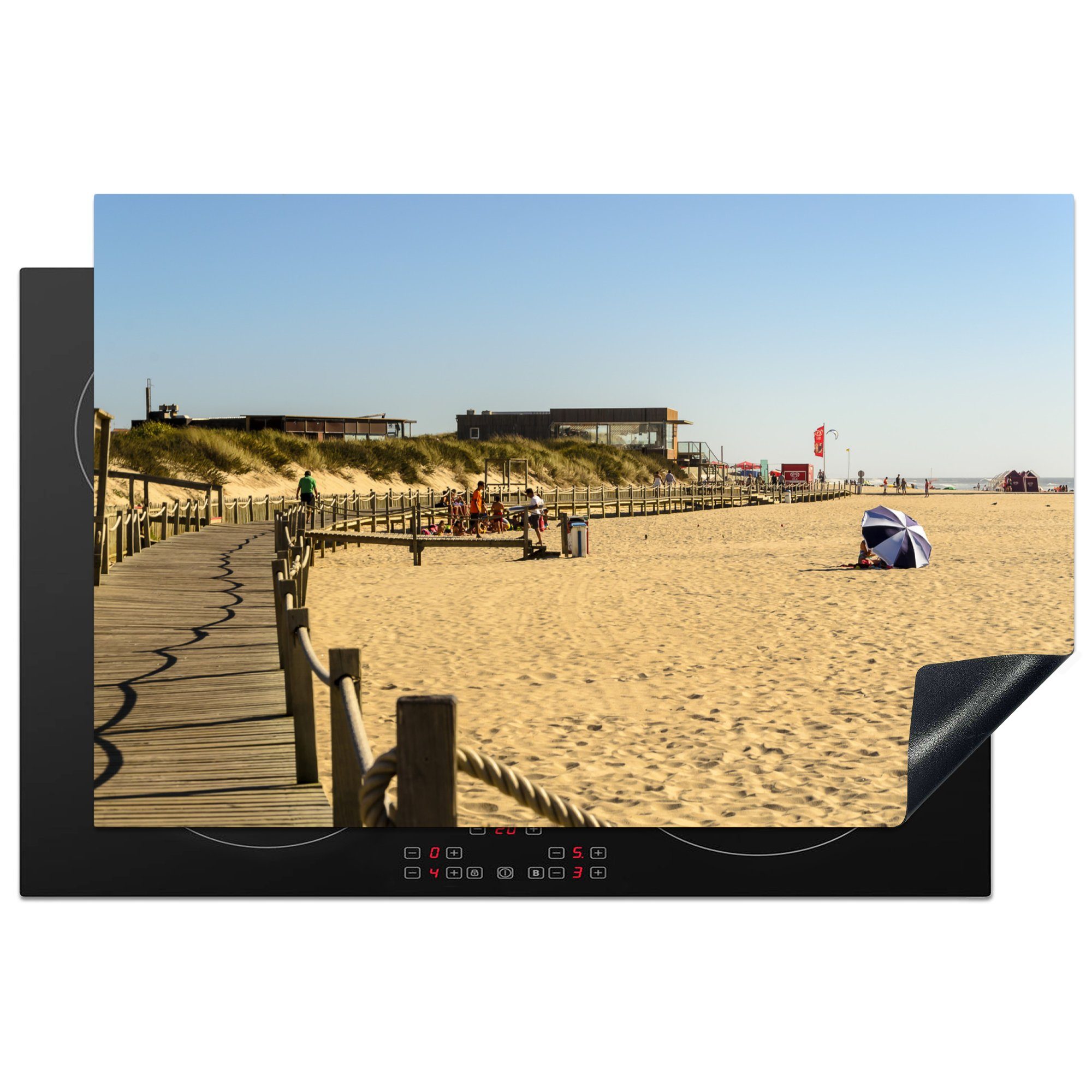 MuchoWow Herdblende-/Abdeckplatte Hölzerne Plattform am Strand in Portugal, Vinyl, (1 tlg), 81x52 cm, Induktionskochfeld Schutz für die küche, Ceranfeldabdeckung