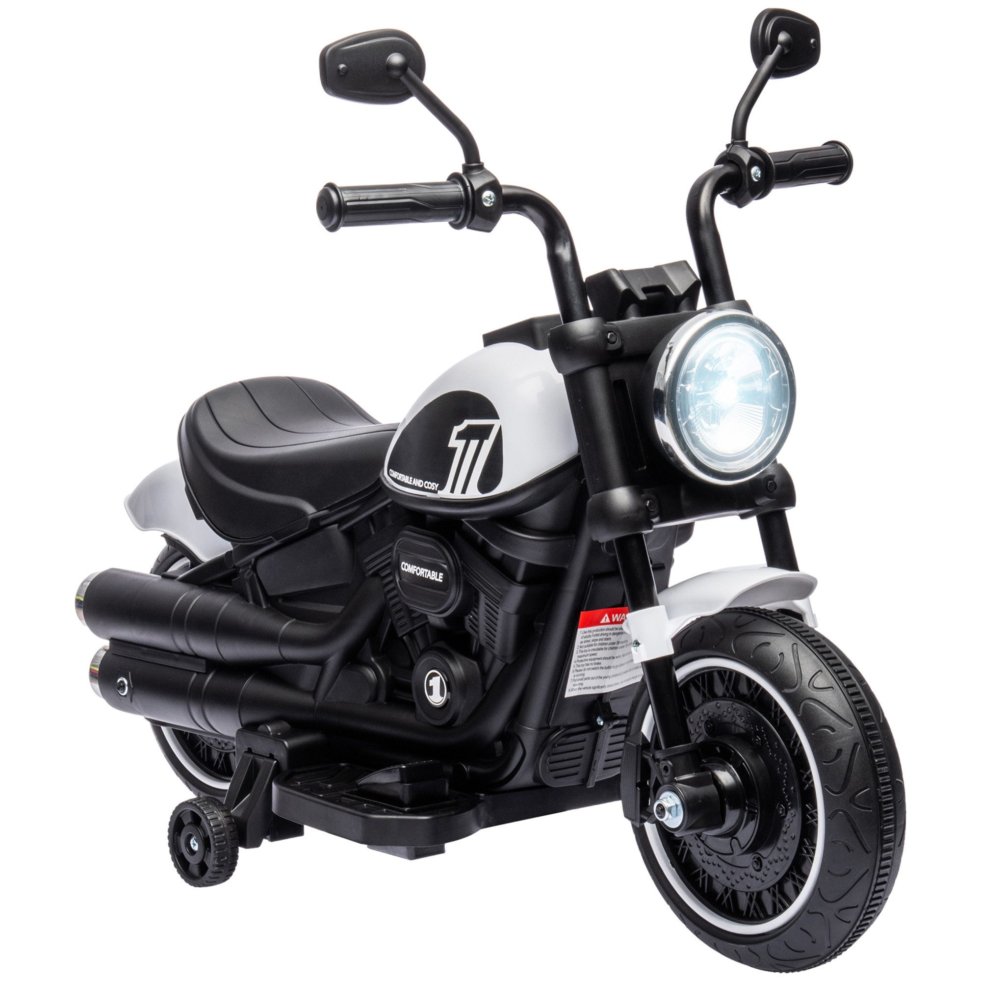 HOMCOM Elektro-Kindermotorrad mit 2 abnehmbaren Stützrädern, 3 km/h, Belastbarkeit 25 kg, (1-tlg), für 1,5-3 Jahre Kinder, weiß, 76 x 42 x 57 cm