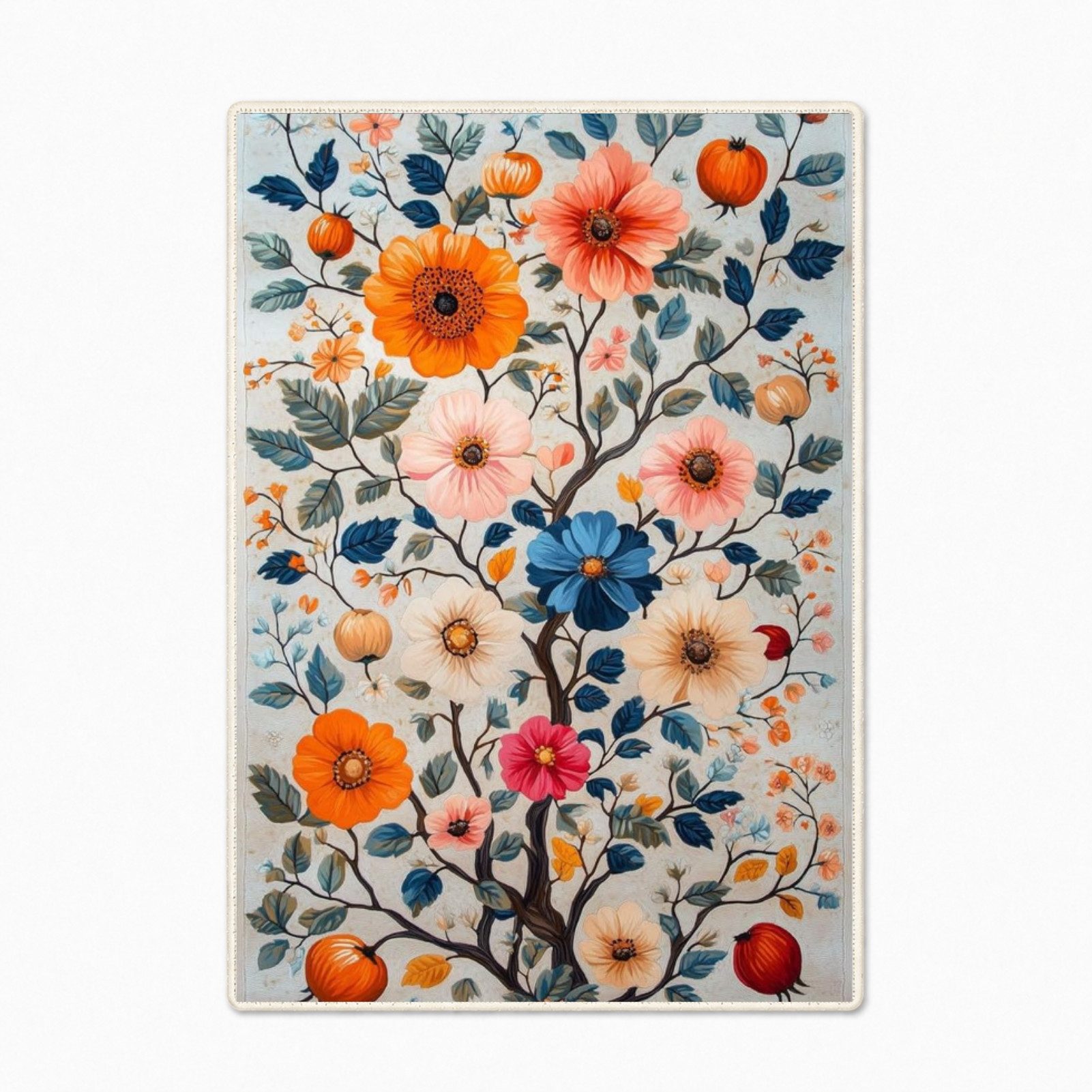 Jumpeak Teppich Baum‑des‑Lebens‑Teppich mit Blumen und Früchten,botanisches Kunstmotiv, Rechteckig, Höhe: 5 mm, rutschfest, weich für Wohn‑ und Schlafzimmer