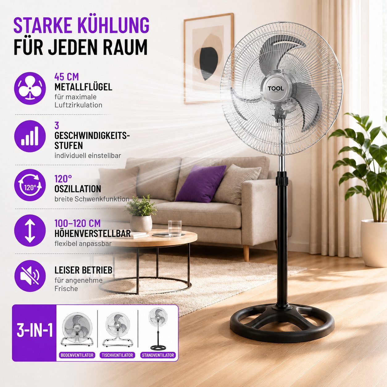 Ertex Standventilator Standventilator Luftkühler 50W Leise 45 cm Ventilator 3 in 1