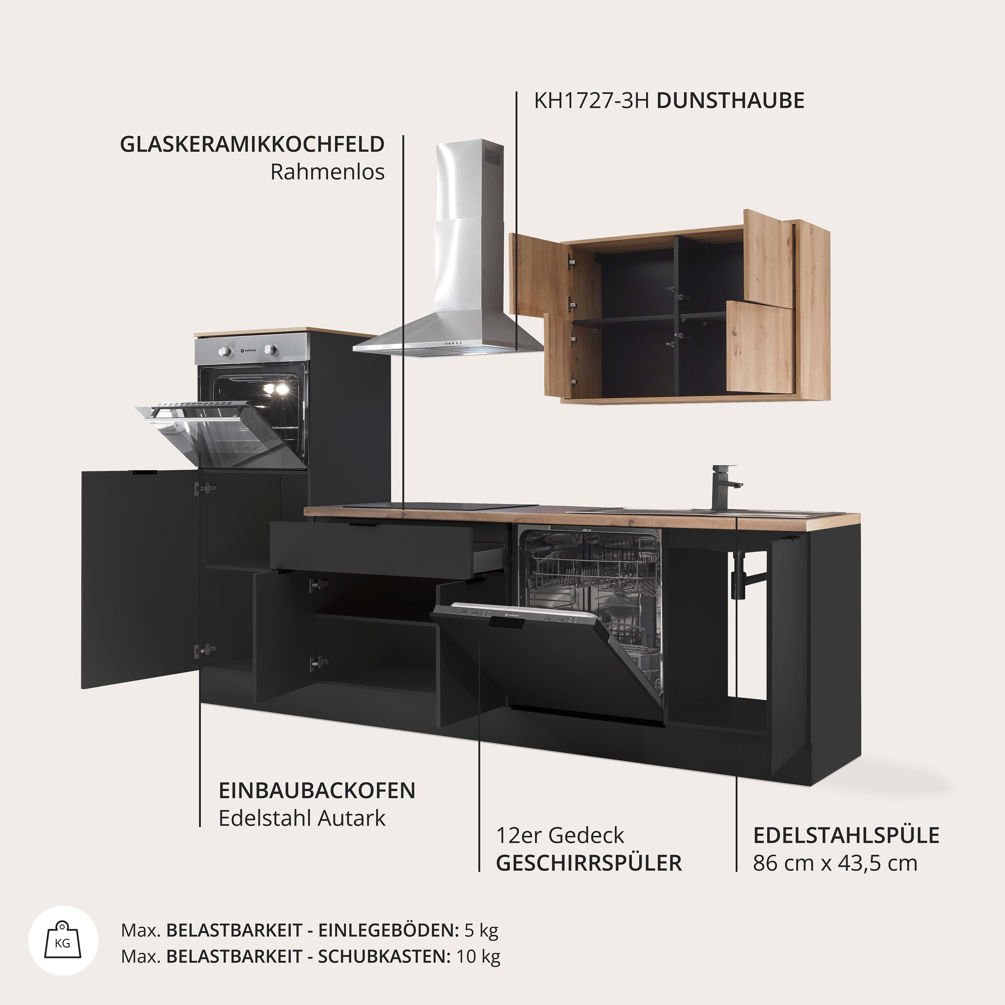 Coin cuisine Kitchenette KS-Georgia, avec plan de travail de 38 mm d'épaisseur, largeur 260 cm, avec appareils électroménagers et réfrigérateur en option
