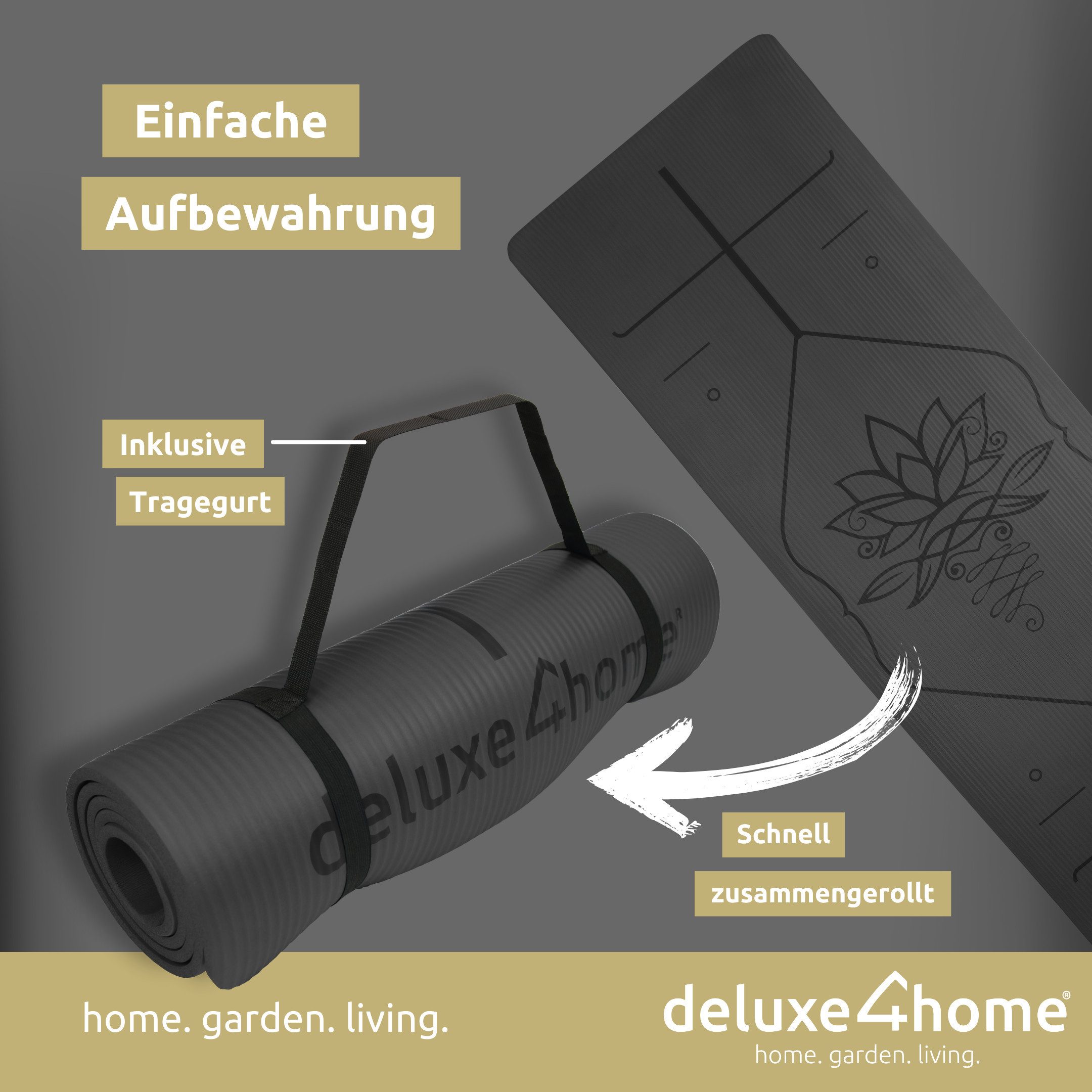 deluxe4home Yogamatte Gymnastikmatte mit Ausrichtungslinien I Phthalatfreie NBR Turnmatte, inkl. Tragegurt