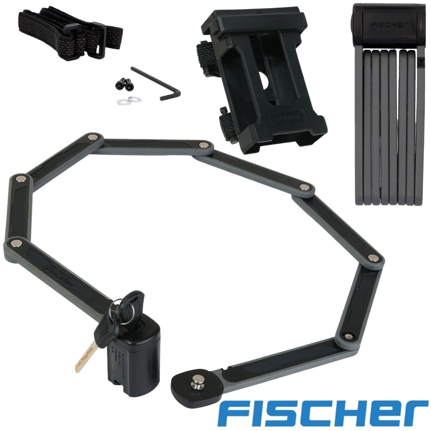 FISCHER Fahrrad Faltschloss Falt-Schloss Protec FKS110 XL 110cm mit Halterung (Set), für 1-2 Fahrräder Fahrrad-Schloss Schloss Faltschloss 2x Schlüssel