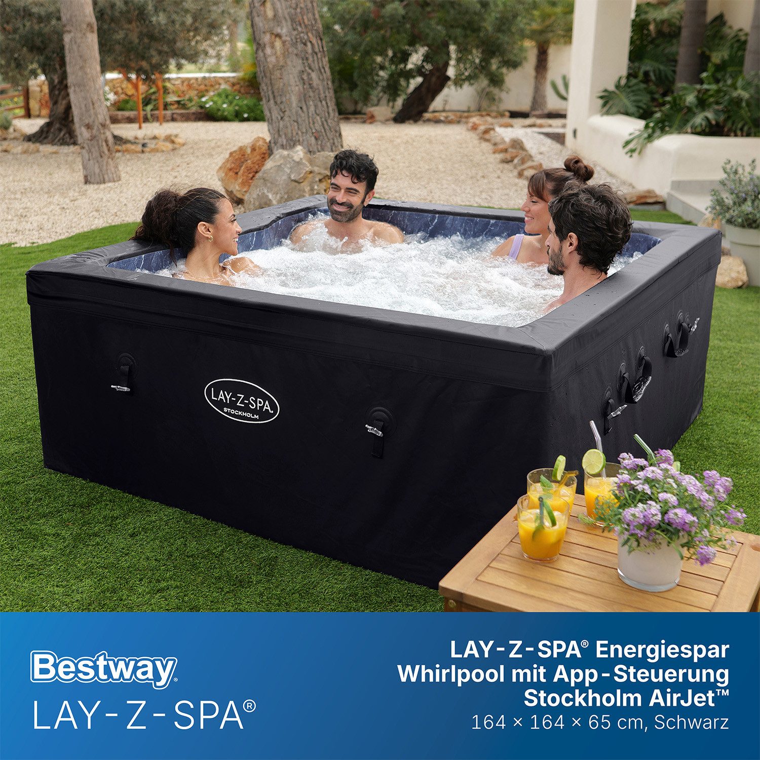 Bestway Whirlpool LAY-Z-SPA® ThermaCore™ Stockholm AirJet™, (Set, 1-tlg., Inkl. App-Steuerung, für max. 6 Personen), 164 x 164 x 65 cm