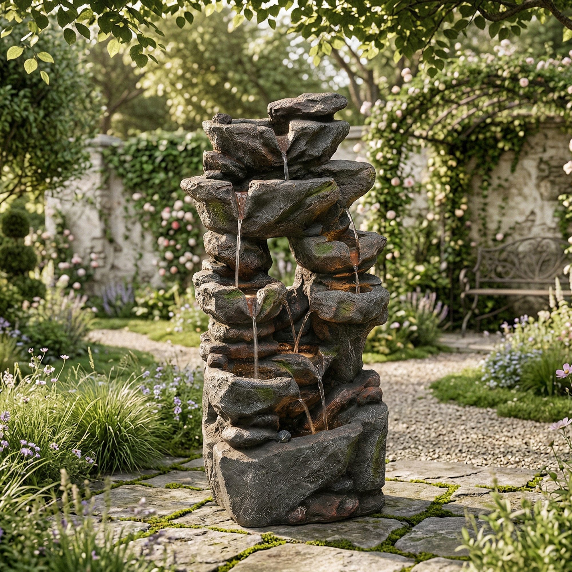 Flieks Gartenbrunnen, Wasserspiel LED-Beleuchtung Wasserpumpe Kunststein-Außenverkleidung