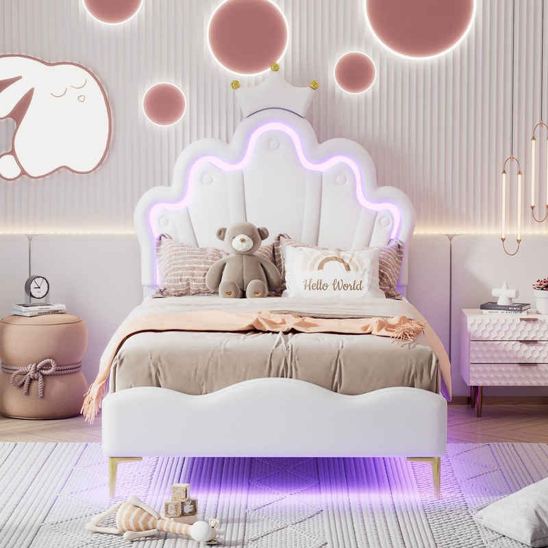 Flieks Polsterbett, LED Kinderbett Einzelbett mit krone-Form Prinzessinnenbett 90x200cm