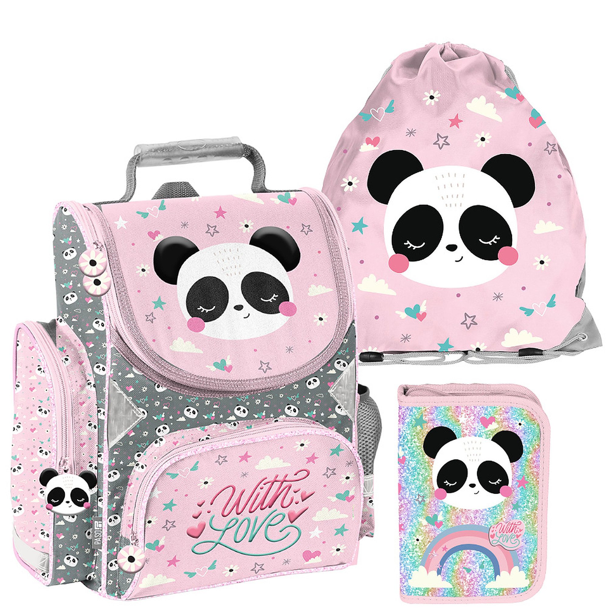 PASO Schulrucksack (Schulset, 3-tlg), Panda, 3-tlg. Set, Rosa
