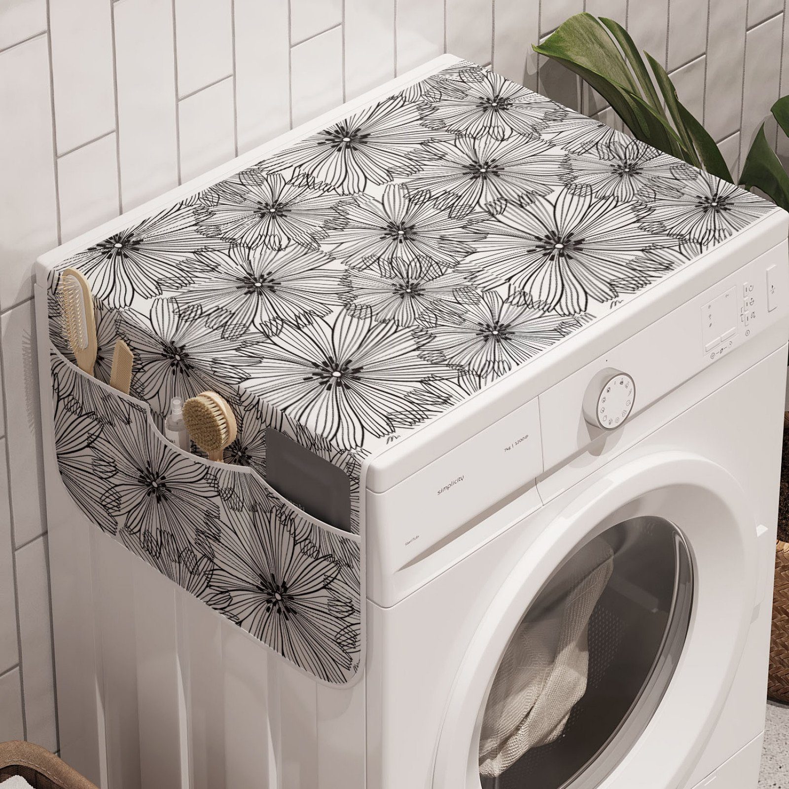 Abakuhaus Badorganizer Anti-Rutsch-Stoffabdeckung für Waschmaschine und Trockner, Blumen Monochrome Hand gezeichnete Blüten
