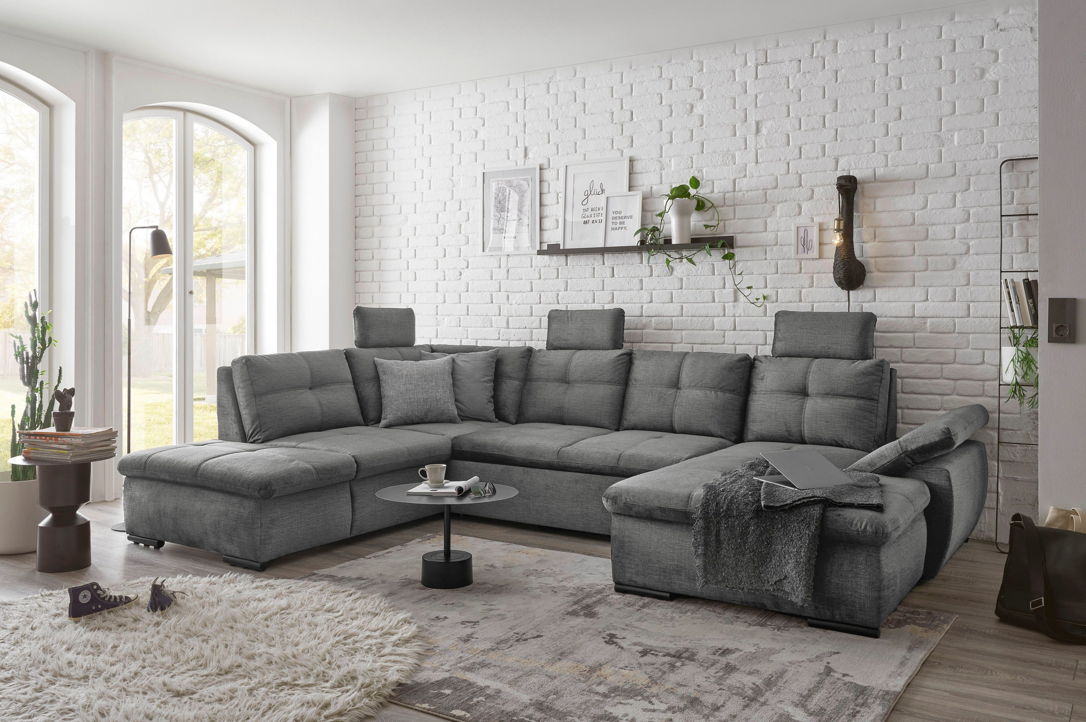 ED EXCITING DESIGN Wohnlandschaft Alija U-Form, mit Bettfunktion, Bettkasten, Armteilverstellung & Kopfstützen