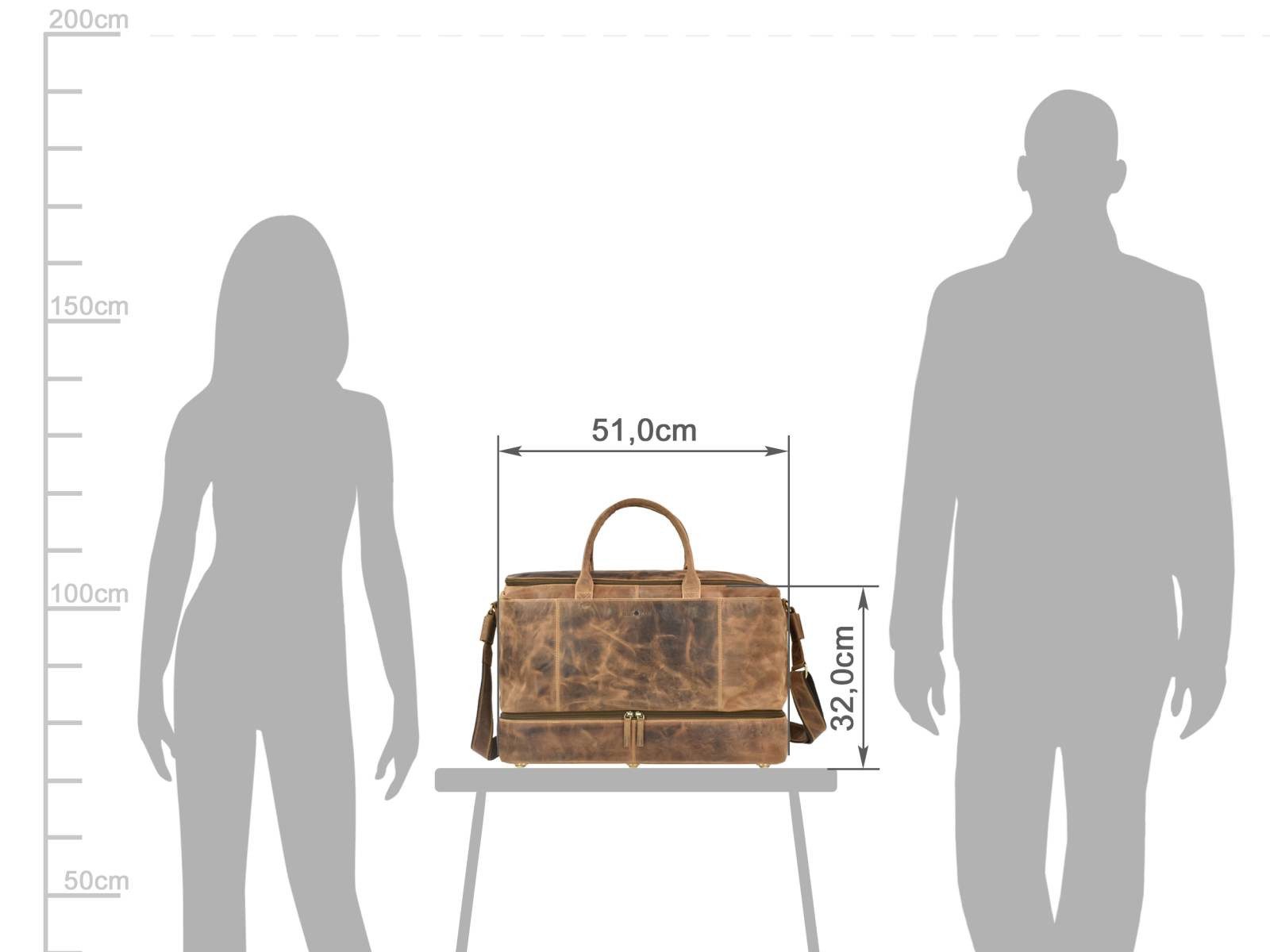 Greenburry Reisetasche Vintage Leder Weekender Sporttasche mit extra Bodenfach antikbraun, extra rustikaler Look, 51x32x24cm, Ledertasche