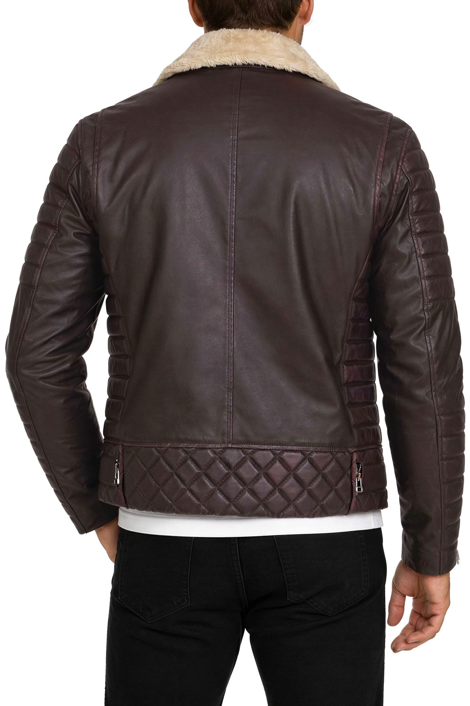 Reichstadt Lederjacke Herren Slim Fit Bikerjacke Black Zipper RS008LUX gefüttert mit Steppmustern – Bild 3 von 5