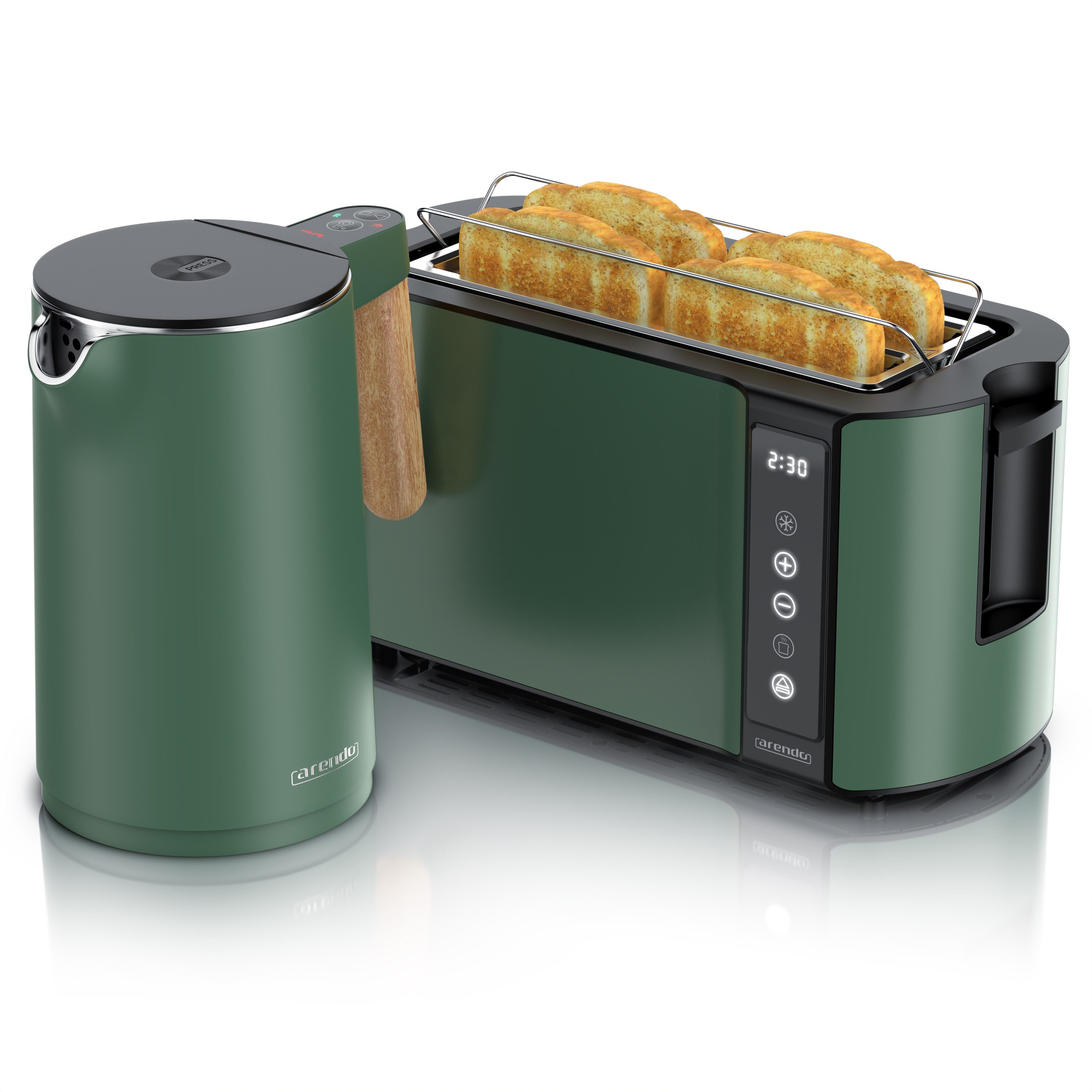 Arendo Frühstücks-Set Edelstahl Wasserkocher 1,5l, 4-Scheiben Langschlitz Toaster, grün (2-tlg), Wasserkocher mit Temperatureinstellung, Toaster Brötchenaufsatz, Touch