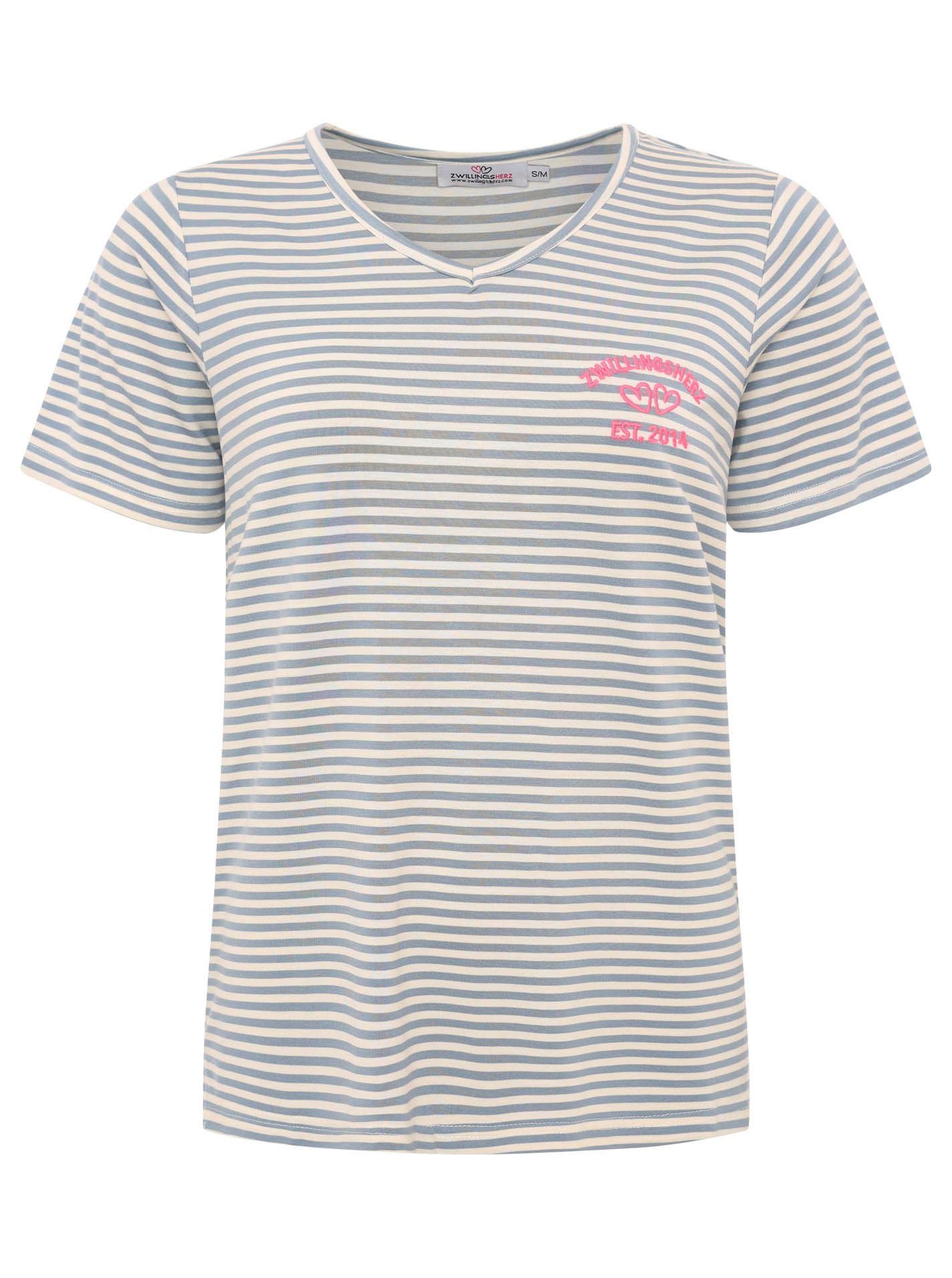 Zwillingsherz T-Shirt "Zwillingsherz" V-Neck, gestreift, kleines Motiv gestickt