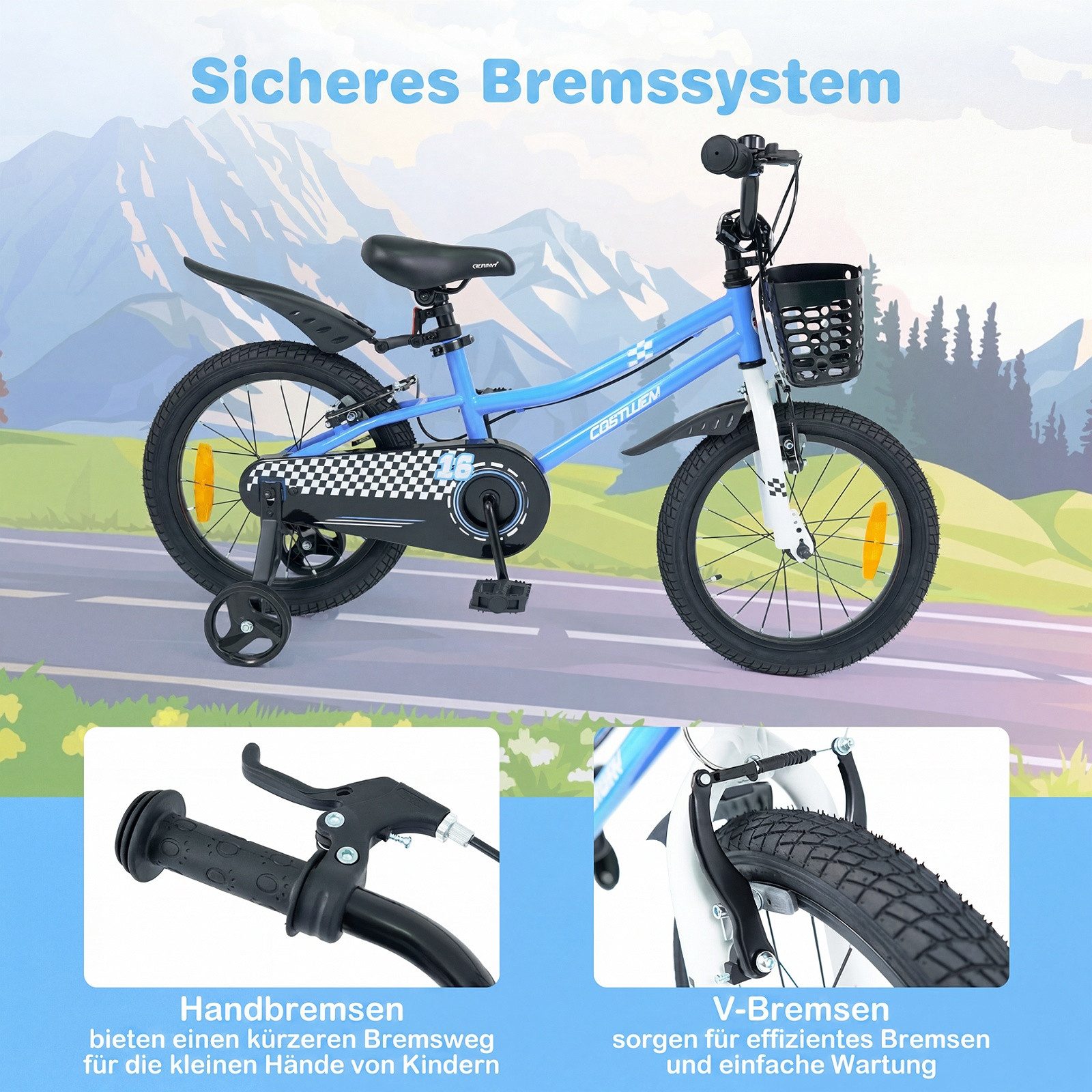 COSTWAY Kinderfahrrad, Mit Korb, Klingel, Schutzblech & Stützrädern