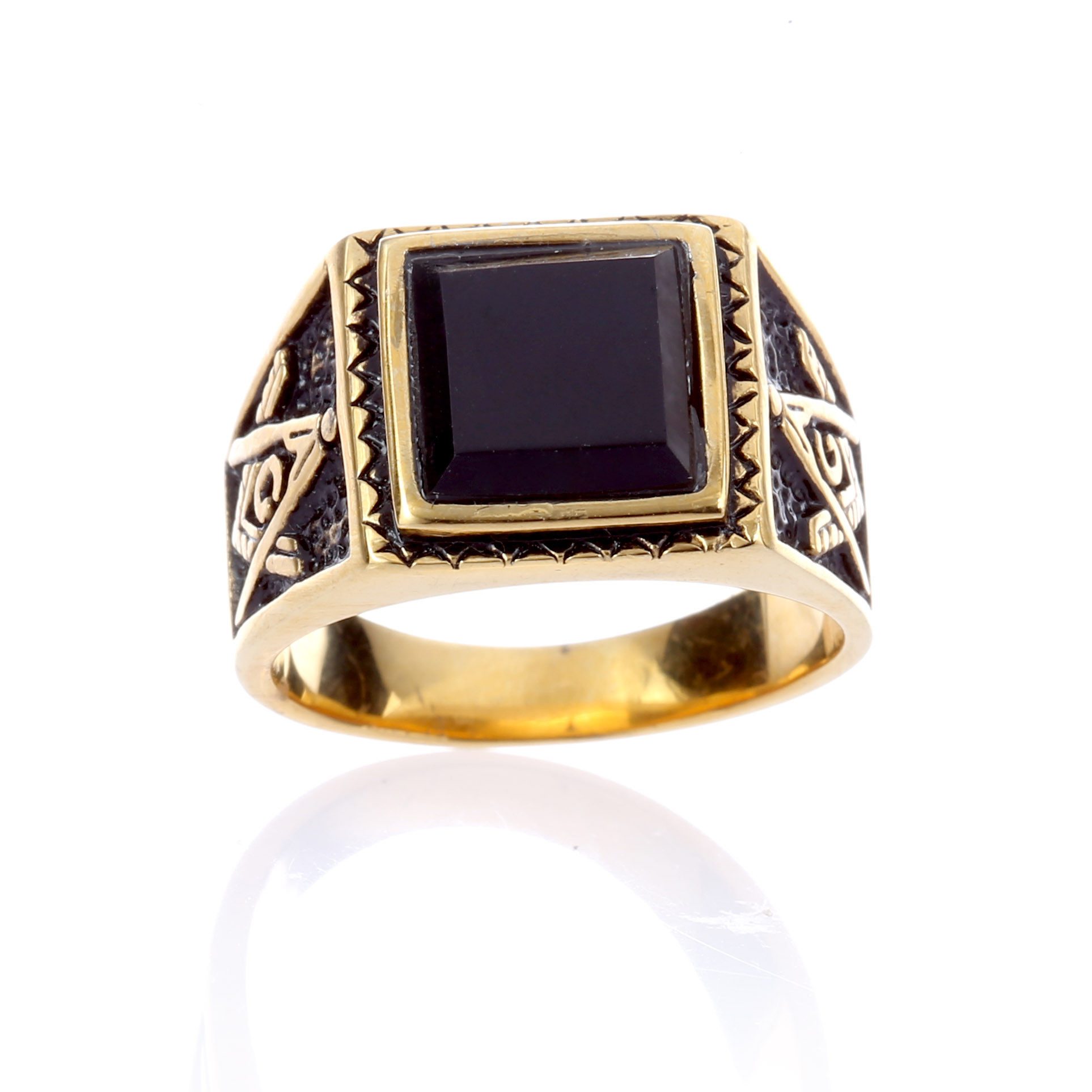 Karisma Fingerring Karisma Gold Edelstahl 316L Männer Ring - Motiv Freimaurer, mit Schwarzem Stein - RHC9474G Breite 14mm