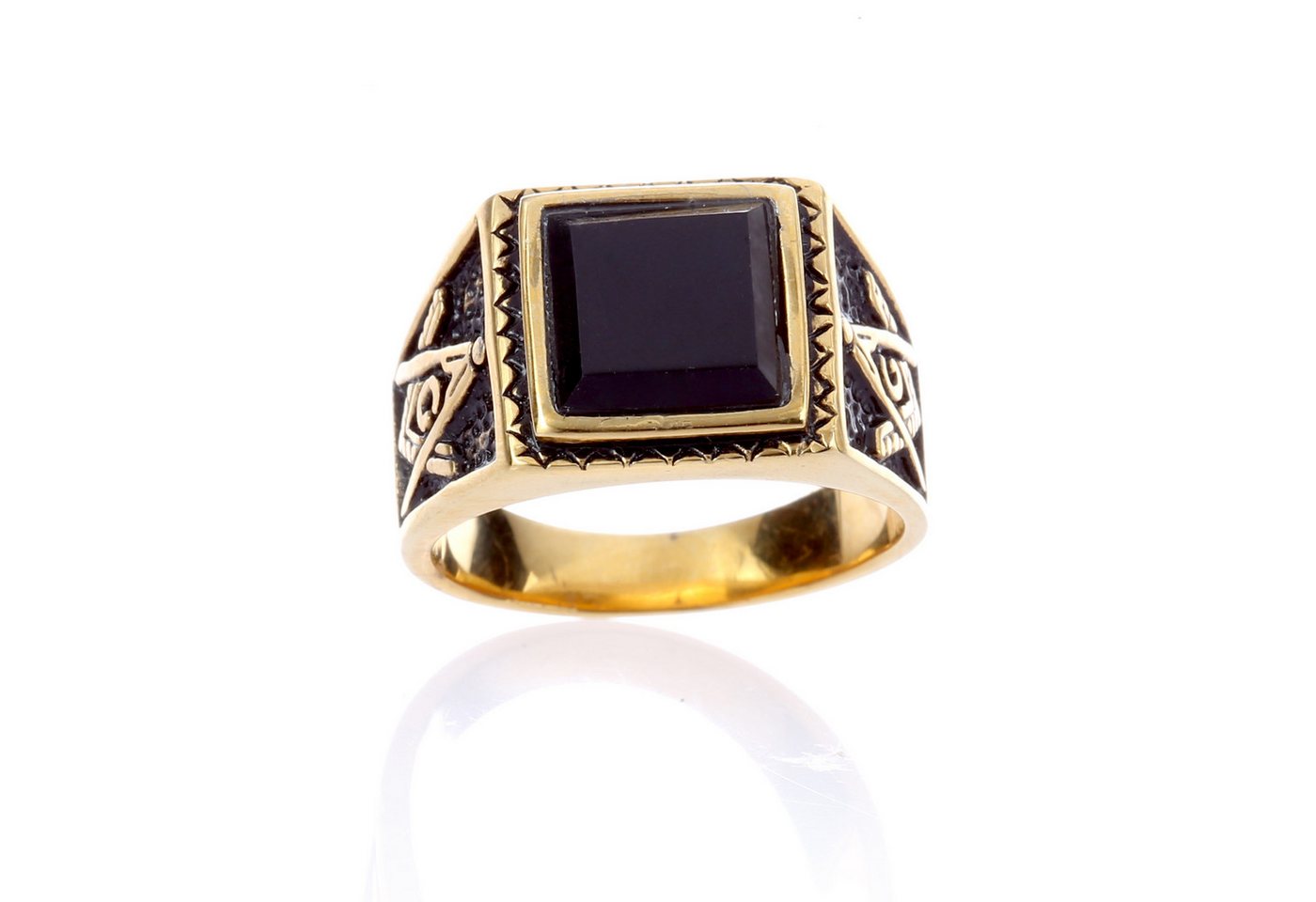 Karisma Fingerring Karisma Gold Edelstahl 316L Männer Ring - Motiv Freimaurer, mit Schwarzem Stein - RHC9474G Breite 14mm