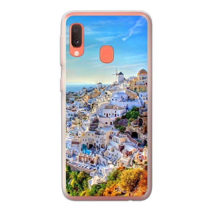 MuchoWow Handyhülle Berge von Santorin Griechenland Handyhülle Samsung Galaxy A20e Smartphone-Bumper Print Handy