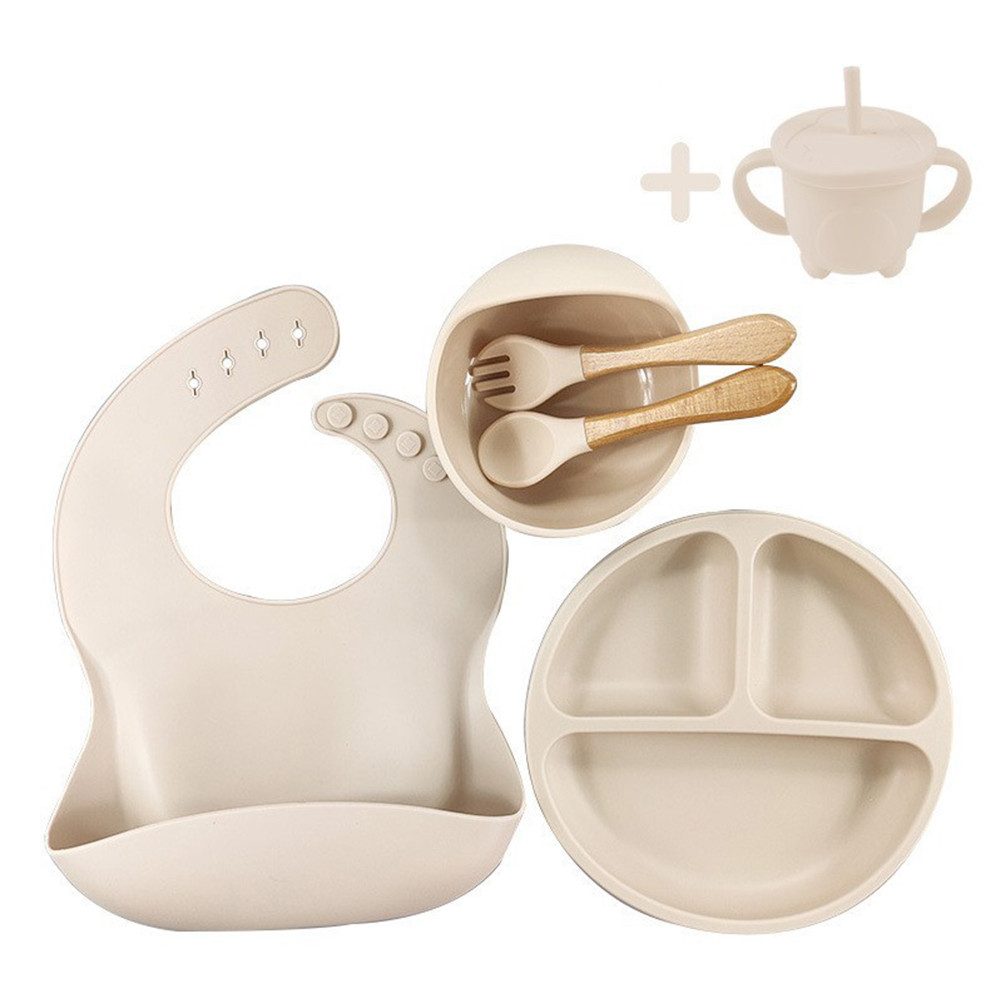 Kindergeschirr-Set Silikon Babygeschirrset mit Saugnäpfen 6er BPA-frei Besteck & Lätzchen