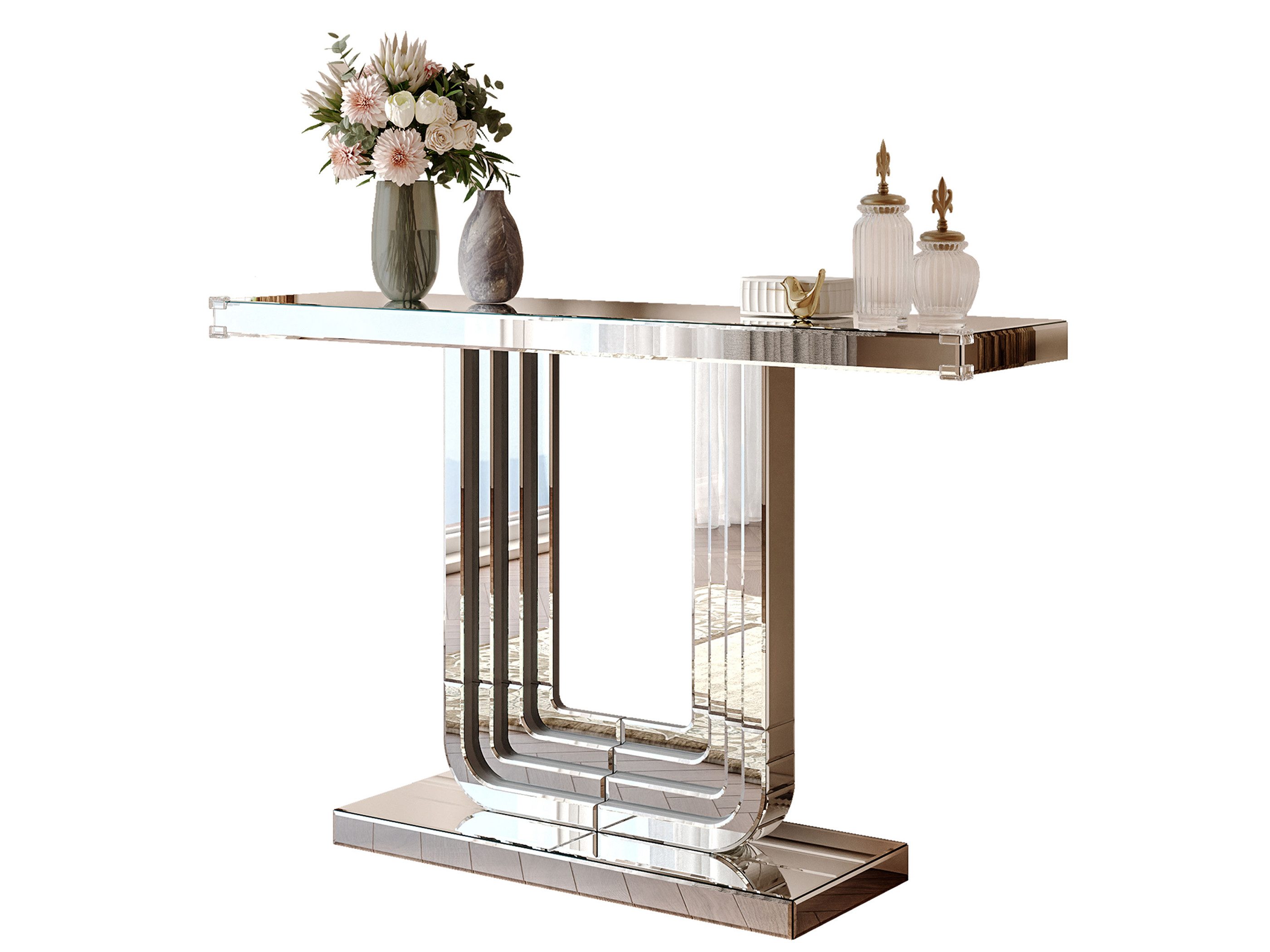 SeedWave Konsolentisch in Silber-Spiegeloptik, 120cm lang, mit Rechtecktisch & Eckenschutz, Flurtisch inkl. Kippschutz-Set