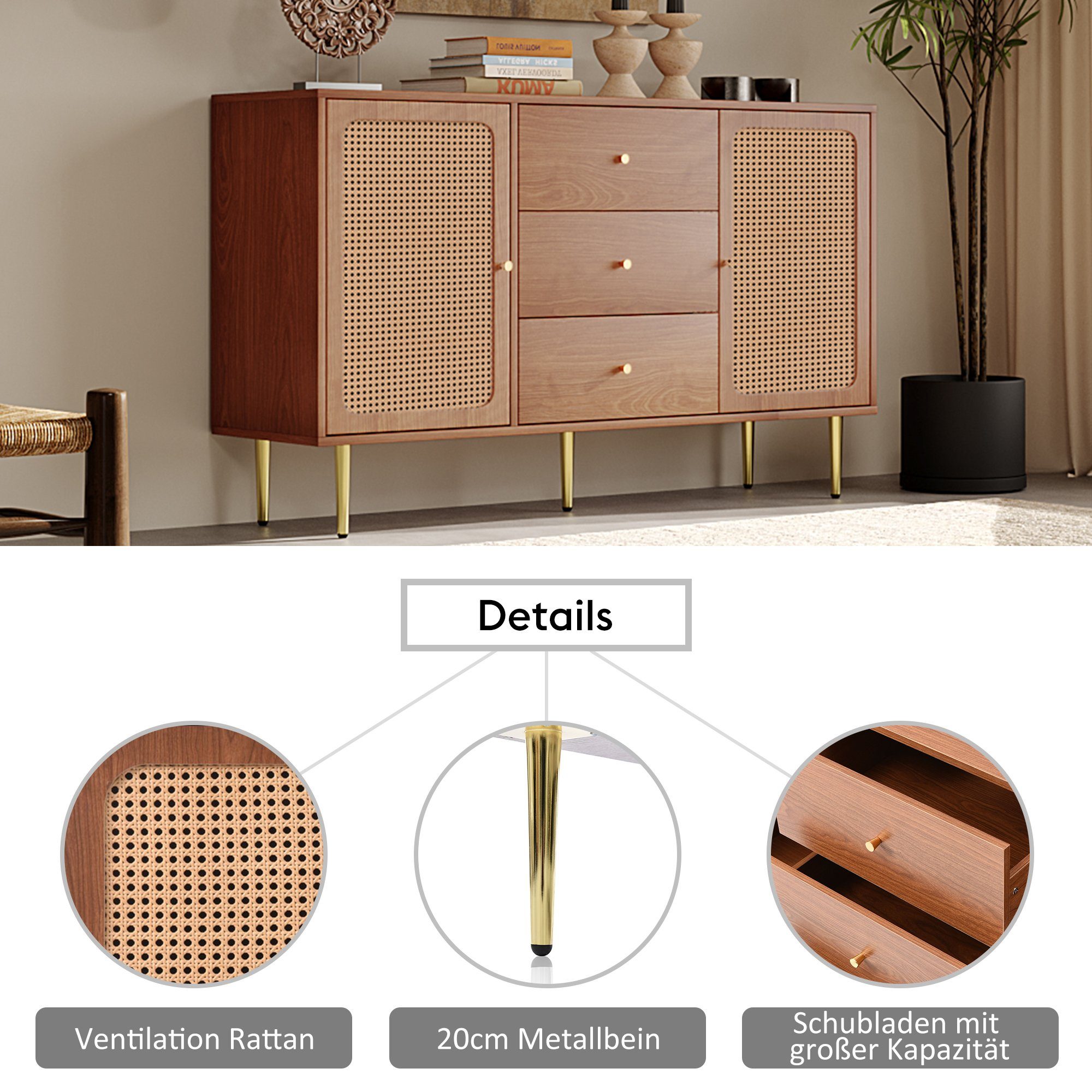 Kommode (Schubladenkommode), Sideboard mit 2 Türen und 3 Schubladen, Rattan, 150x40x90cm