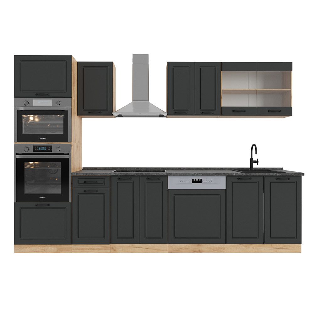 Vicco Küchenzeile R-Line, Anthrazit Landhaus/Goldkraft Eiche, 300 cm mit Hochschrank,...
