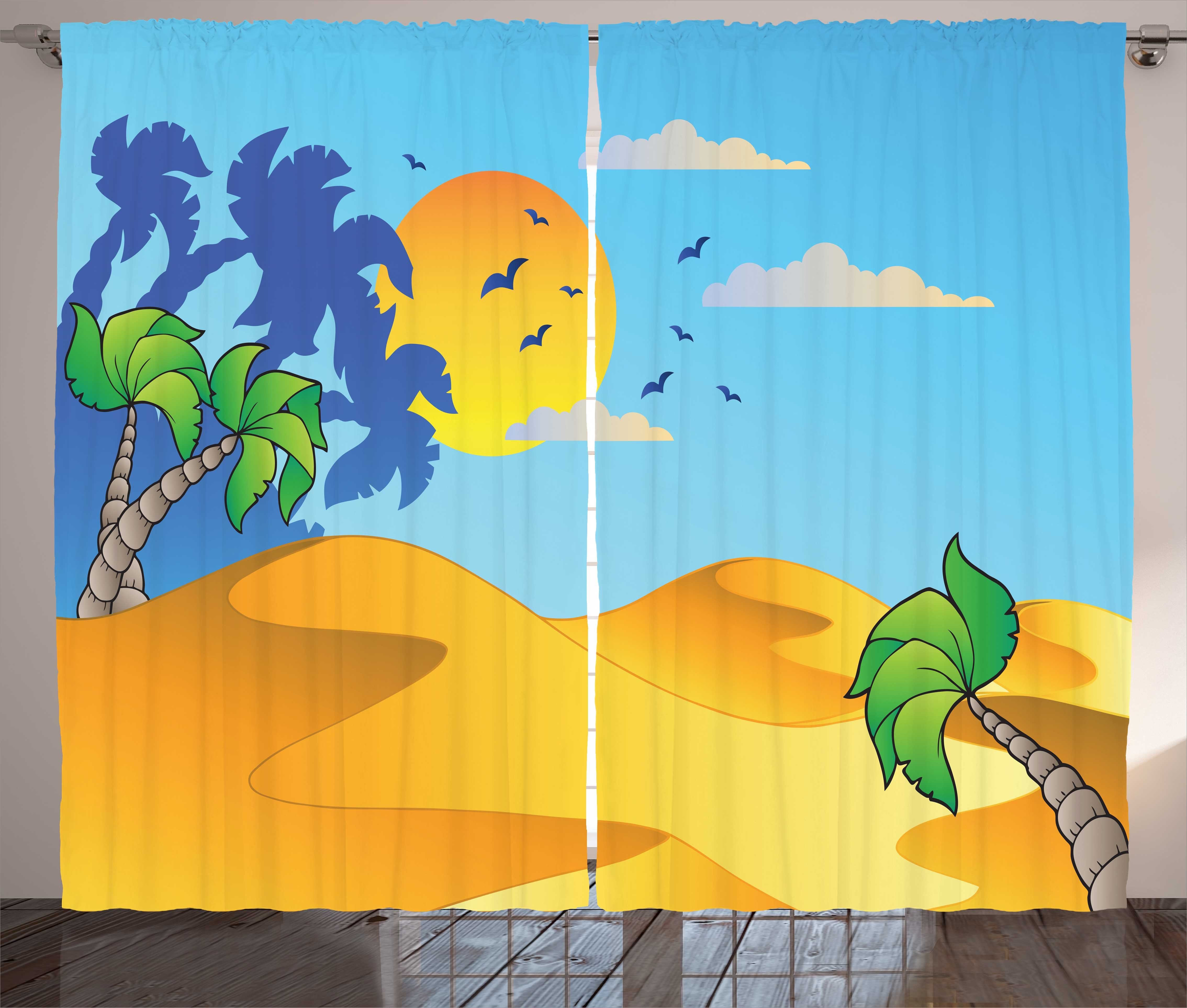 Gardine Schlafzimmer Kräuselband Vorhang mit Schlaufen und Haken, Abakuhaus, Düne Cartoon Wüsten-Landschaft Palmen