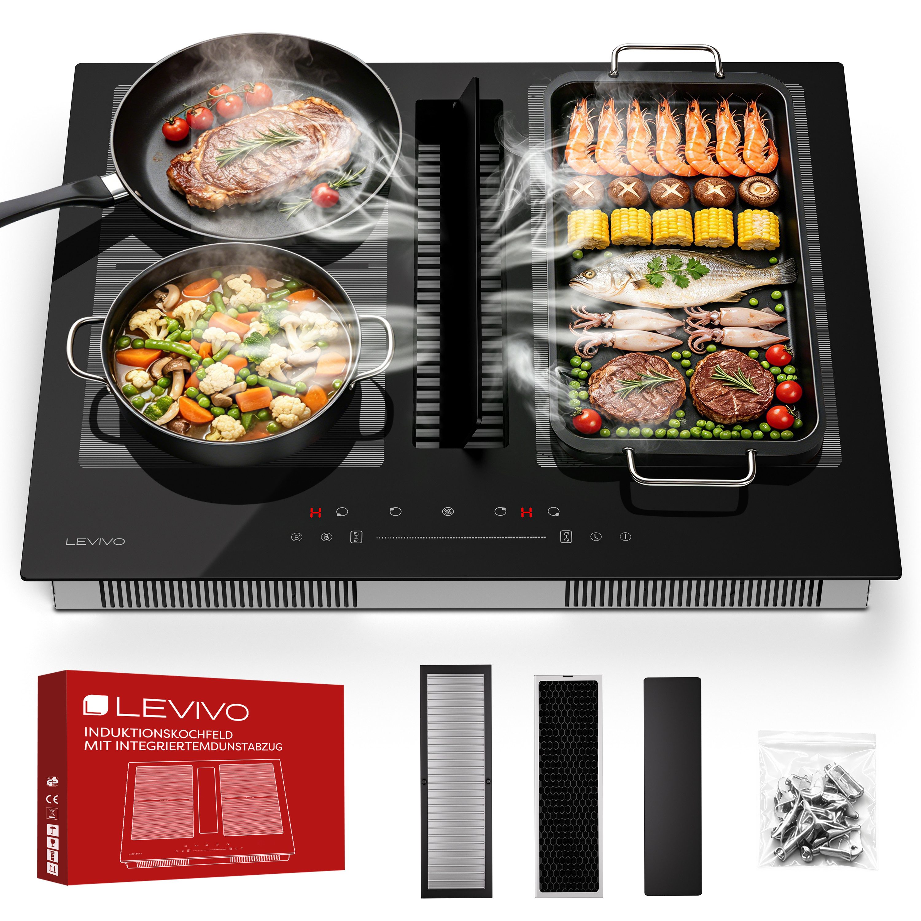 Levivo Induktions-Kochfeld Induktionskochfeld 60 cm mit 531 m³/h Dunstabzug, 9 Stufen & Booster, Touch-Control, Timer, Bridge Funktion, 7270 W