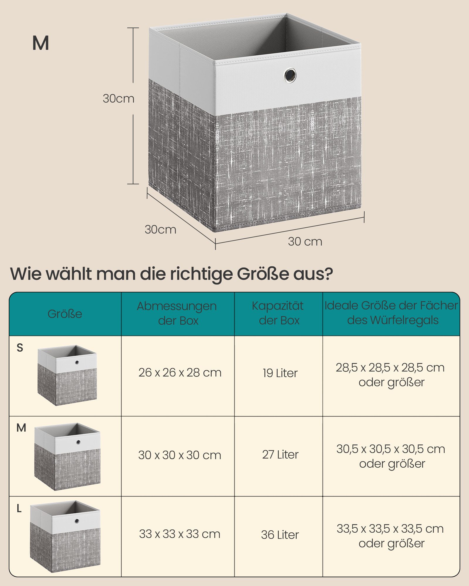 SONGMICS Aufbewahrungsbox Aufbewahrungskorb, Ordnungsboxen, Faltbox, Stoffbox für Würfelregal (6 St), mit PP-Platten, geruchsneutral, 30 x 30 x 30 cm, wolkenweiß-schilfgrau