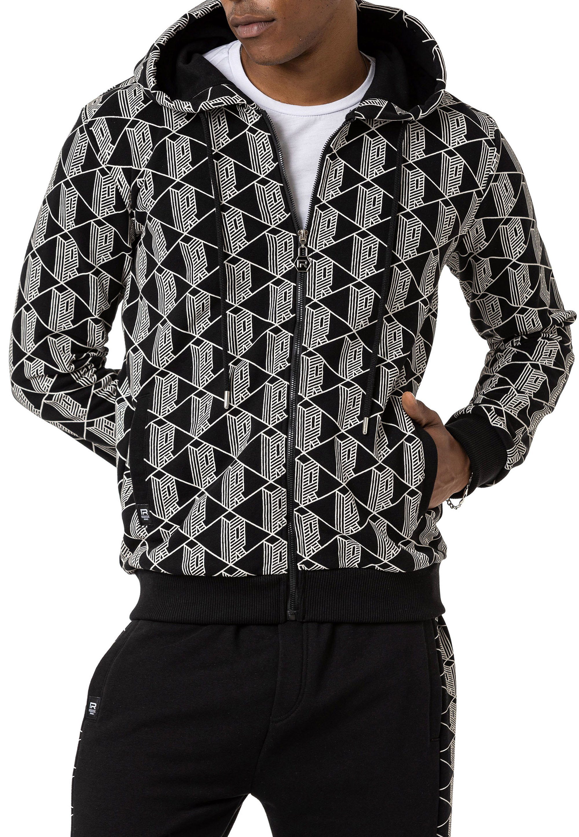 Sweater Kapuzensweatjacke Qualität RedBridge Premium 3D Allover-Print Schwarz mit Kapuze