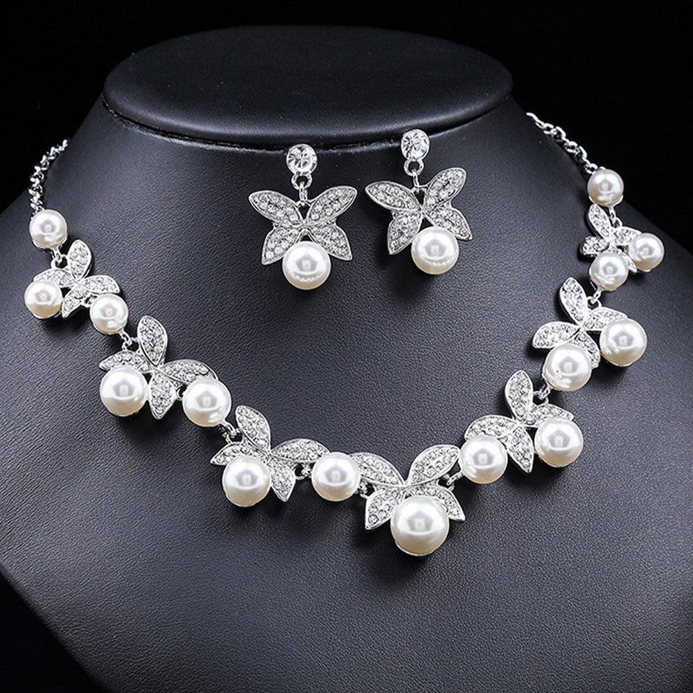 AUzzO~ Accessoires Damenschmuck Halskette für 2-tlg Perlen, Ohrringe Elegant Schmuckset Brautschmuck-Set Bräute