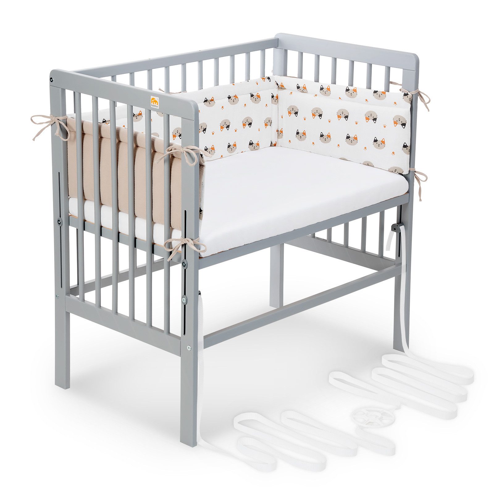 FabiMax Beistellbett Babybett Boxspring grau, 90 x 55 cm Liegefläche, aus Buchenholz, Stufenlos höhenverstellbar 40-73 cm, Holz-Lattenrost