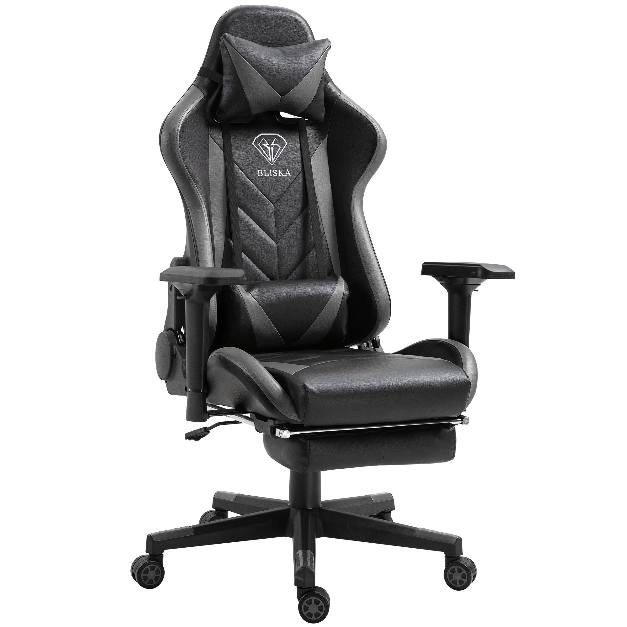 TRISENS Chefsessel Leo (1 Stück), Gaming Stuhl mit Fußstütze und 4D-Armlehnen gaming chair in Lederoptik Schwarz/Grau