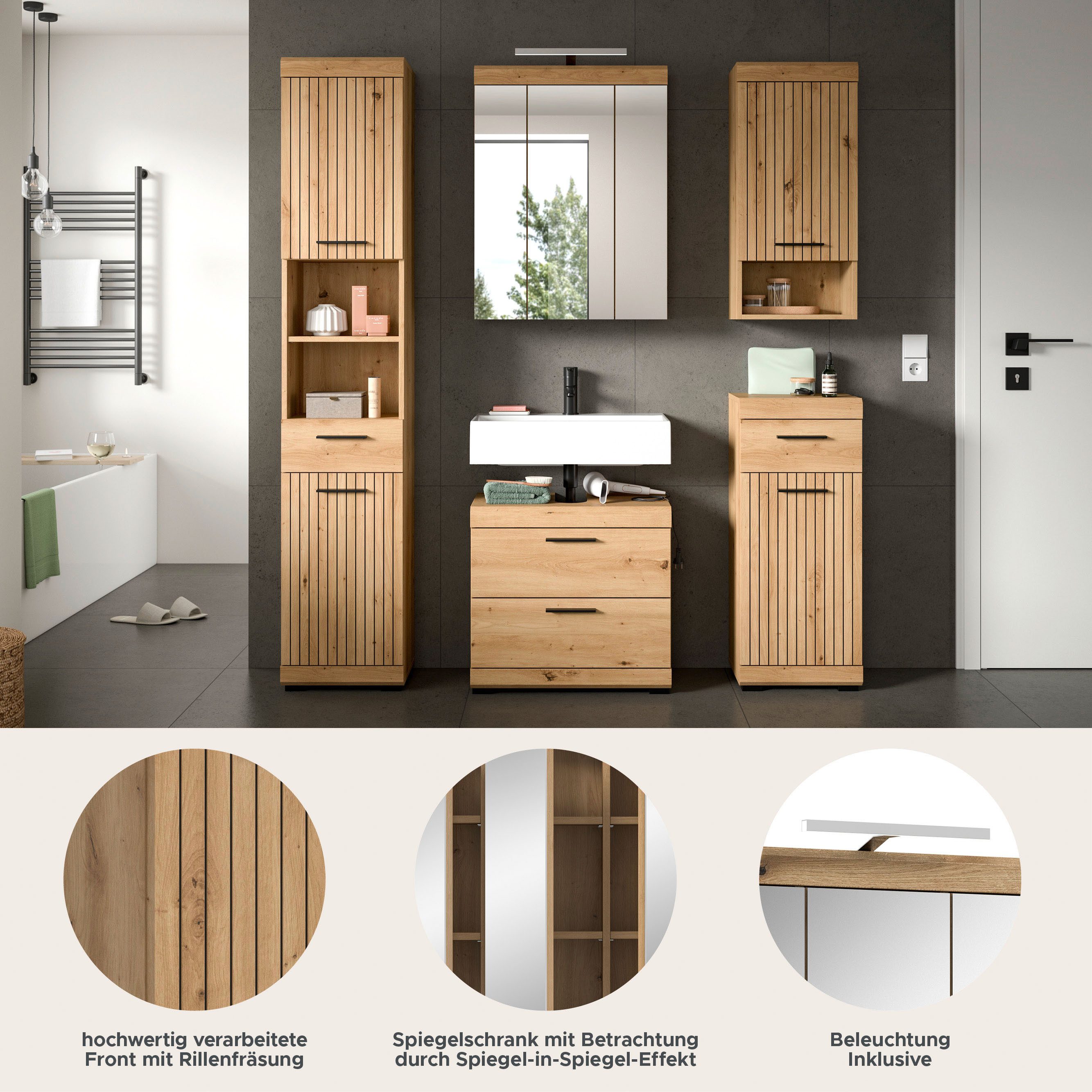 welltime Badmöbel-Set SIENA, 5 teilig, inklusive LED Beleuchtung, bestehend aus:, (Set, 5-St., TOPSELLER), Hochschrank, WBU, Spiegelschrank, Unterschrank, Hängeschrank