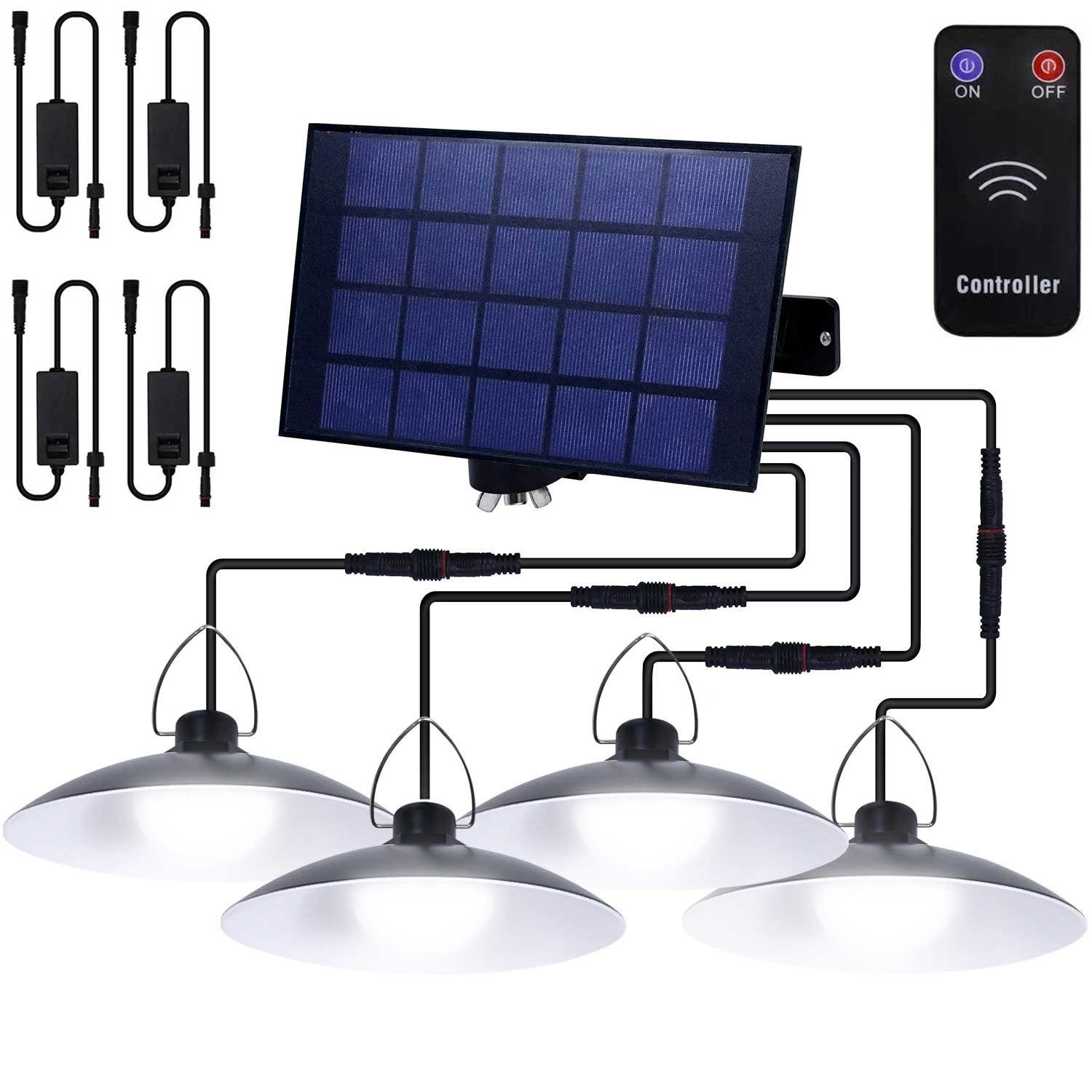 MUPOO LED Solarleuchte Solar-Pendelleuchten mit Fernbedienung,IP65,mit 1/2/3/4 Kopf, 4 Kopf Solar Pendelleuchte mit Fernbedienung, Outdoor Indoor Solar Hängelampen für Außen