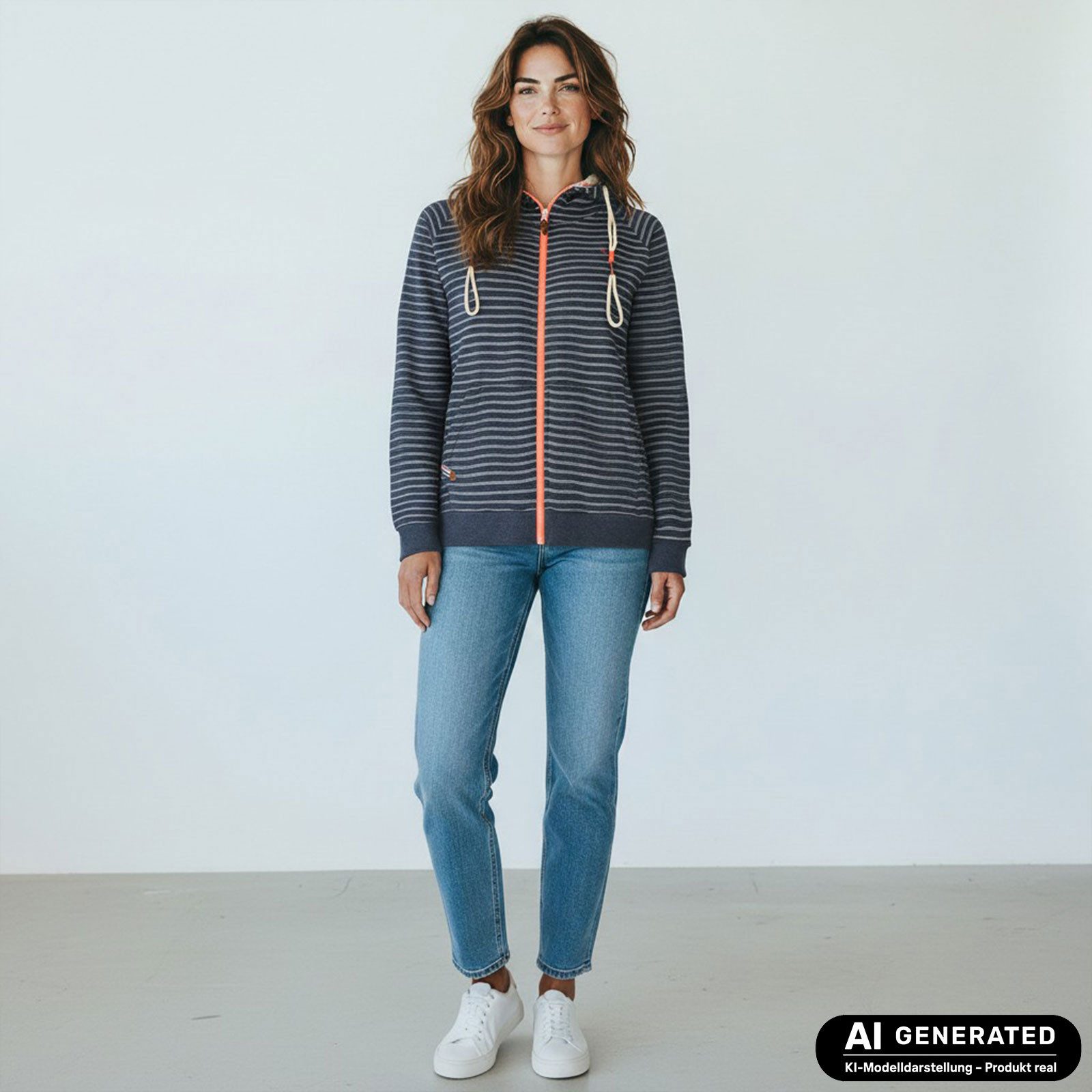 modAS Kapuzensweatjacke Damen Sweatjacke 40715 Streifen mit Kapuze - Gestreifte Freizeitjacke Modische Kapuzenbänder, Frontreißverschluss, Eingrifftaschen, Bünd – Bild 2 von 5