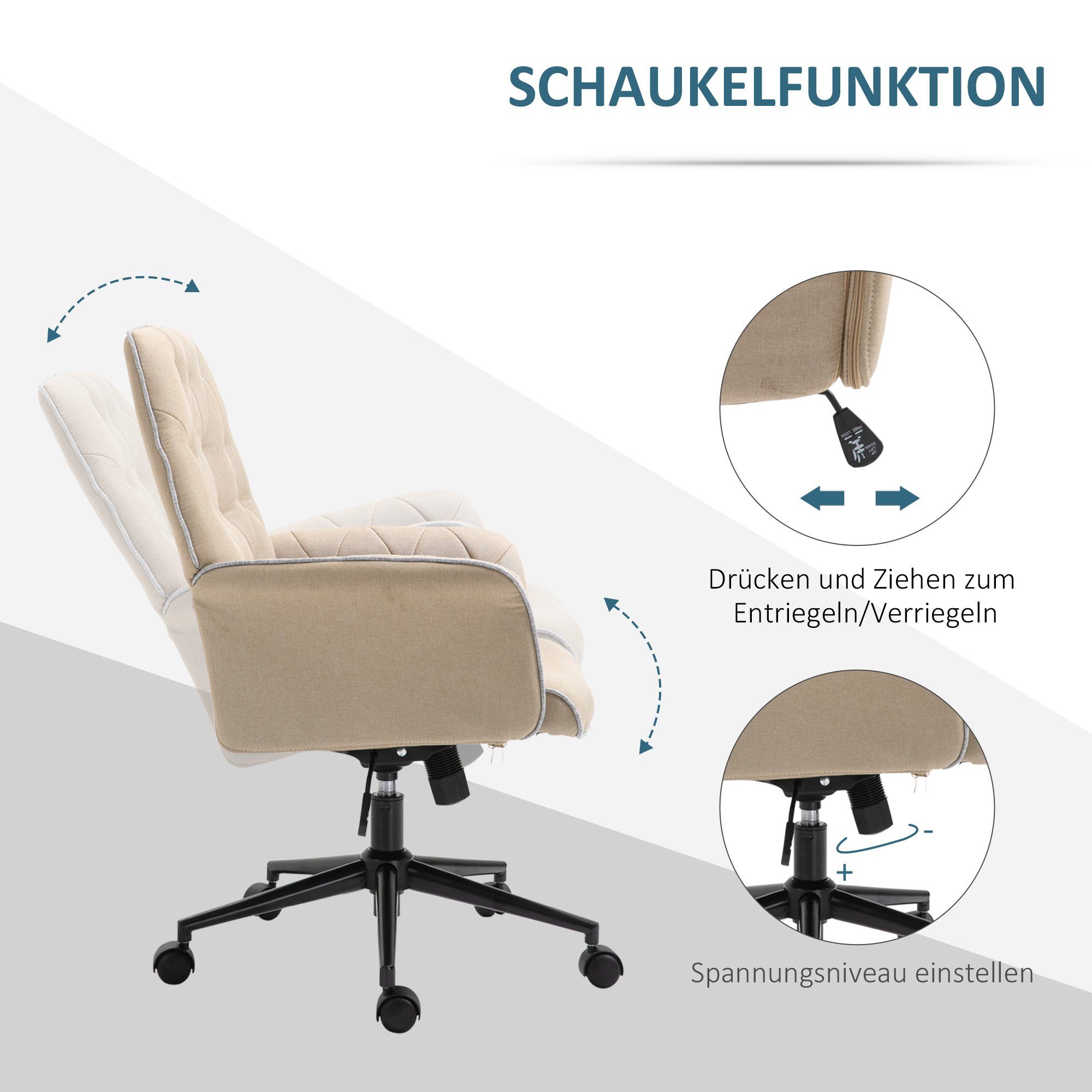 Vinsetto Bürostuhl Schaumstoff Schreibtischstuhl (Bürostuhl, Home-Office 1 Bürostuhl höhenverstellbar St), Beige