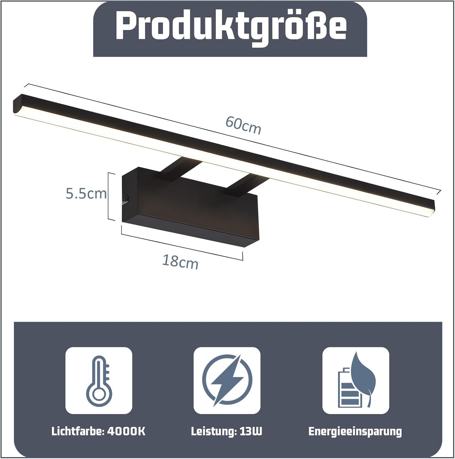 Nettlife LED Spiegelleuchte Schwarz Modern Badezimmer Spiegelbeleuchtung 60 cm 4000K Neutralweiß, LED fest integriert, Neutralweiß, lampe Flur Wandleuchte für Büro Küche Spiegelschrank