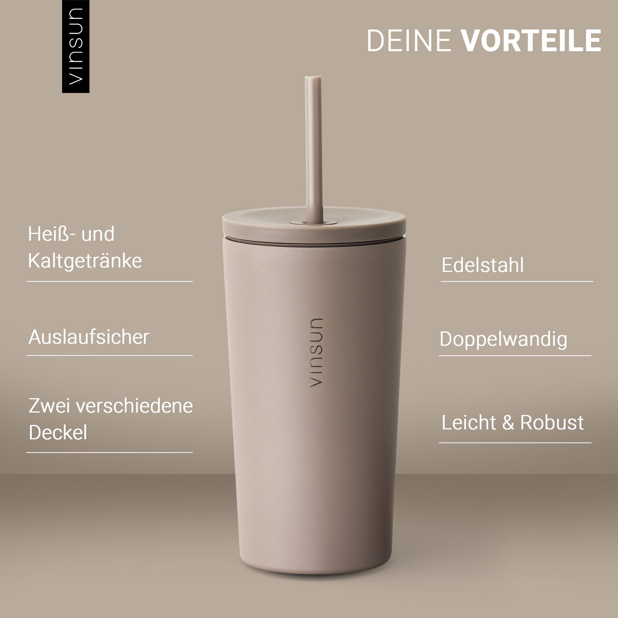 Vinsun Thermobecher Edelstahl Becher mit Strohhalm 480ml - Isolierbecher auslaufsicher, 4-tlg., Edelstahl, Doppelwandig isoliert, BPA frei, bruchfest, Kalt- und Heißgetränke
