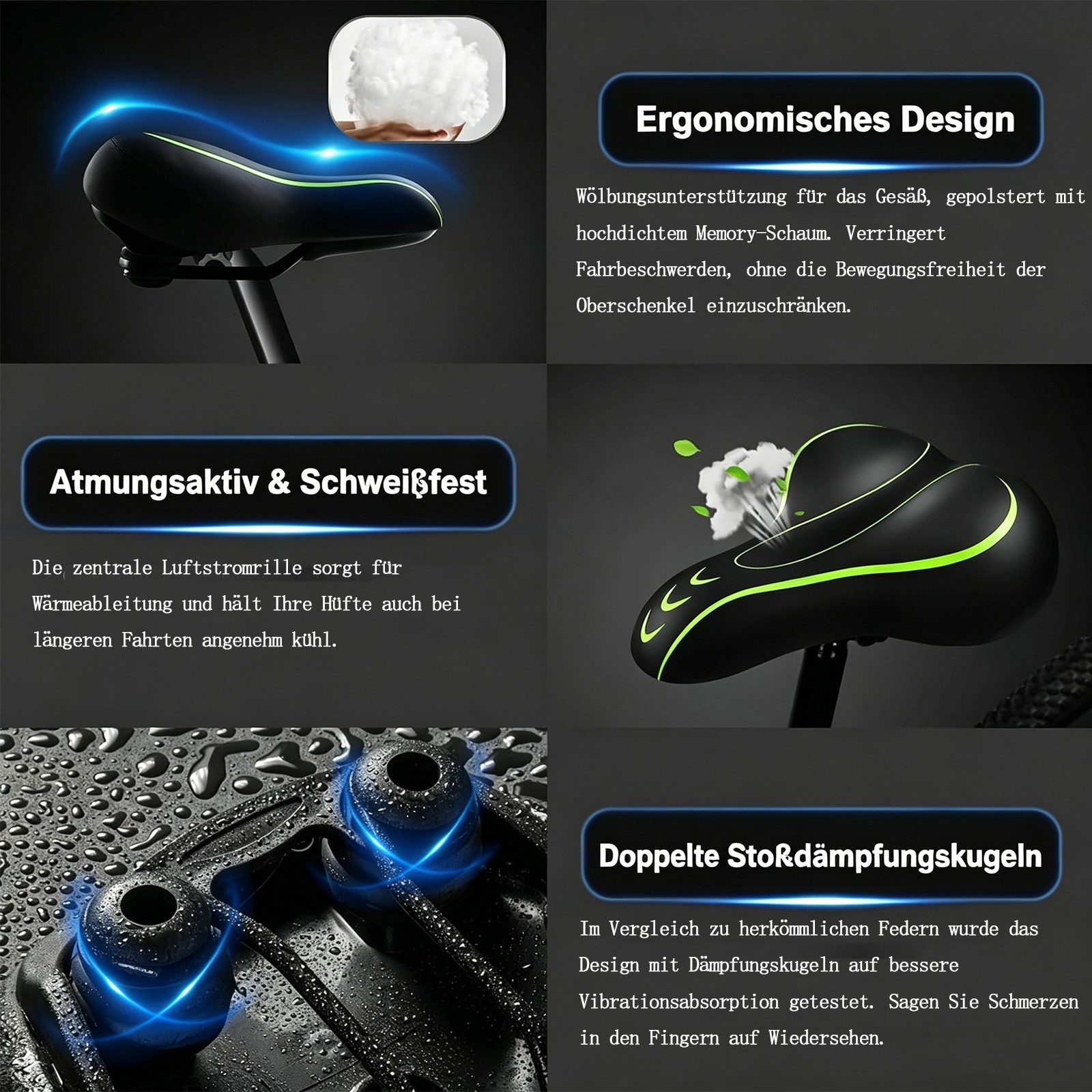 MOPUEA Fahrradsattel Fahrradsattel atmungsaktiv Memory schweißfester für Damen und Herren (Ergonomischer Fahrradsattel breit gepolstert wasserdicht komfort, Komfort Fahrradsattel mit Federung ergonomisch stoßdämpfend), Breit gepolstert wasserdicht stoßdämpfend ergonomisch sicher
