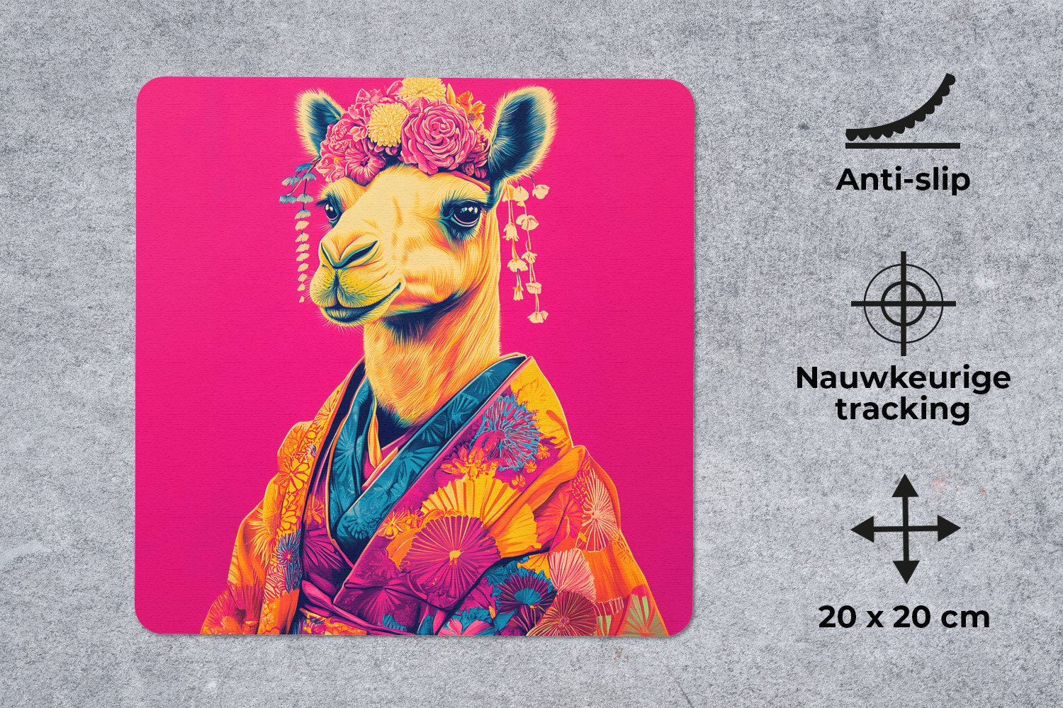 MuchoWow Mauspad Kamel - Blumen - Kimono - Fächer (1-St), Mousepad, Schreibtisch Zubehör, Deko, 20x20 cm